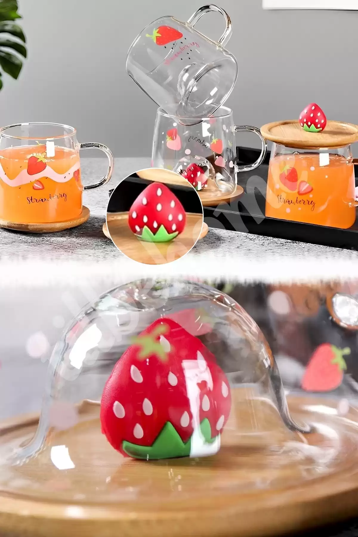 3D Çilek Figürlü Baskılı Sıcak Soğuk Borosilikat Cam Meşrubat Kupası Su Çay Bardağı Bambu Kapaklı