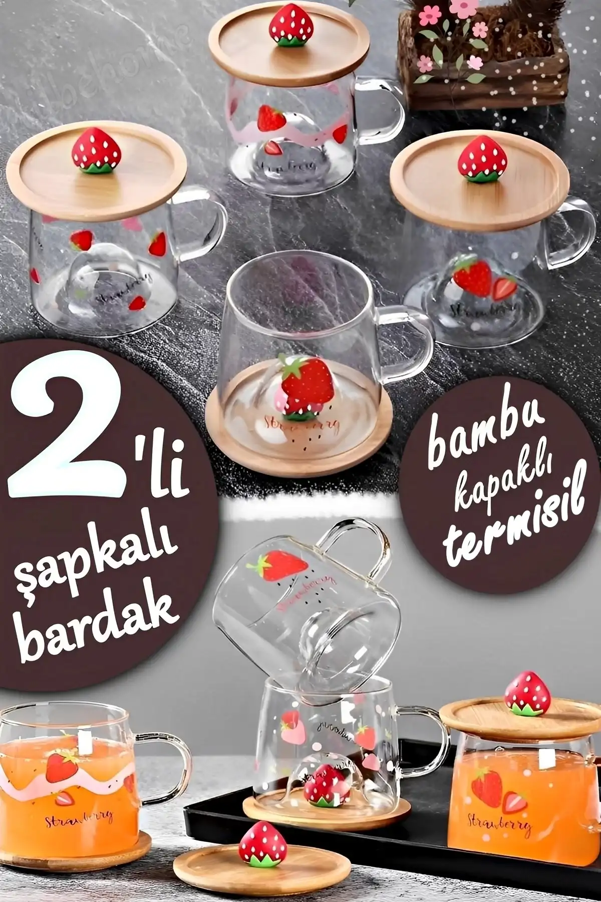 3D Çilek Figürlü Baskılı Sıcak Soğuk Borosilikat Cam Meşrubat Kupası Su Çay Bardağı Bambu Kapaklı