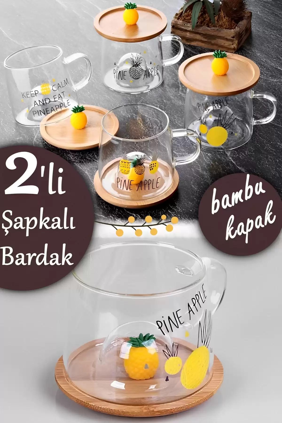 3D Ananas Figürlü Baskılı Sıcak Soğuk Borosilikat Cam Meşrubat Kupası Su Çay Bardağı Bambu Kapaklı