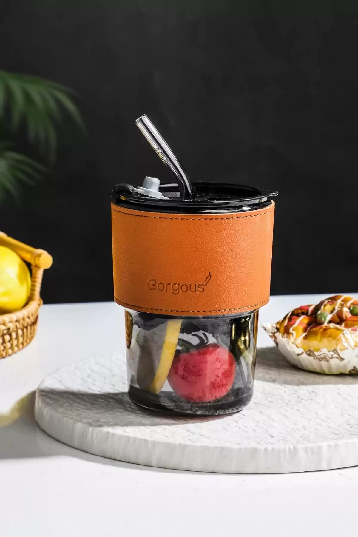 3lü Retro Stil Bardak 450ml Isıya Dayanıklı Pipetli Deri Şerit Borosilikat Cam Kahve Sunum Bardağı