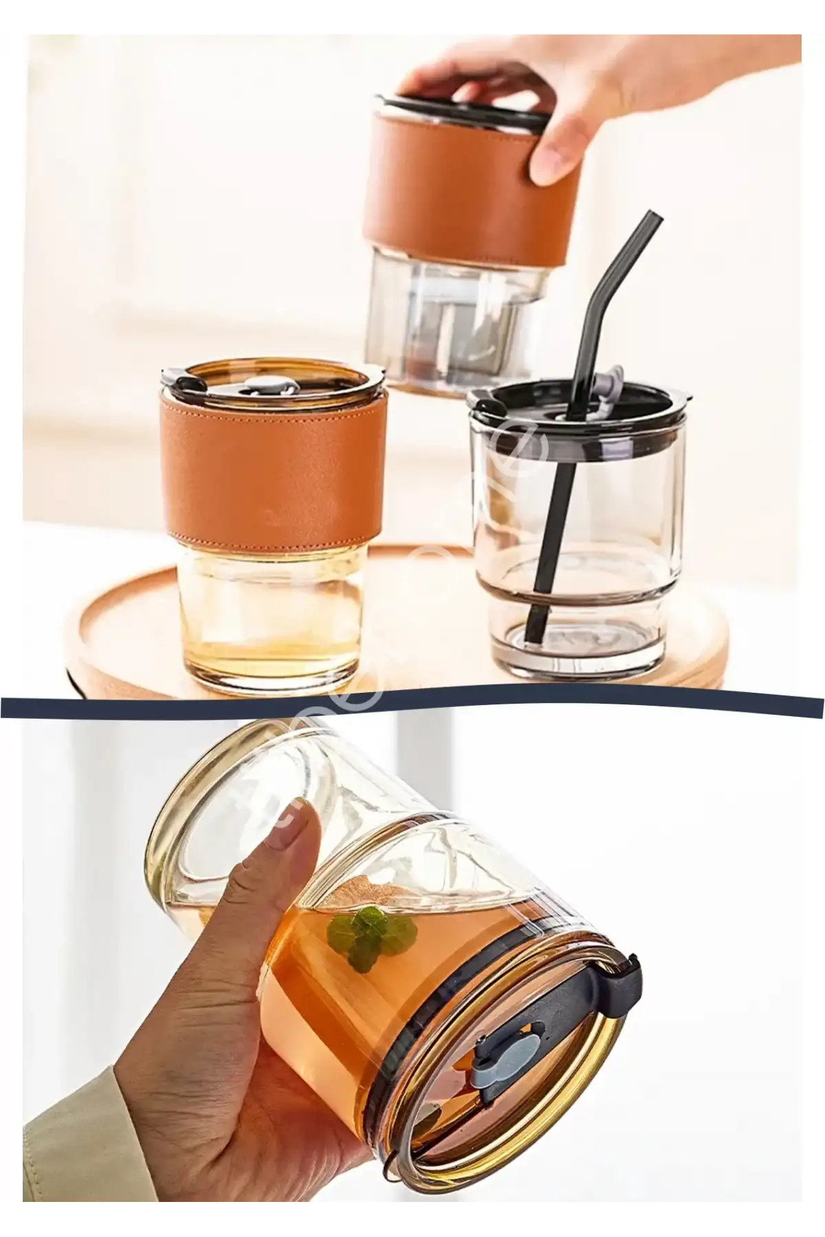 3lü Retro Stil Bardak 450ml Isıya Dayanıklı Pipetli Deri Şerit Borosilikat Cam Kahve Sunum Bardağı