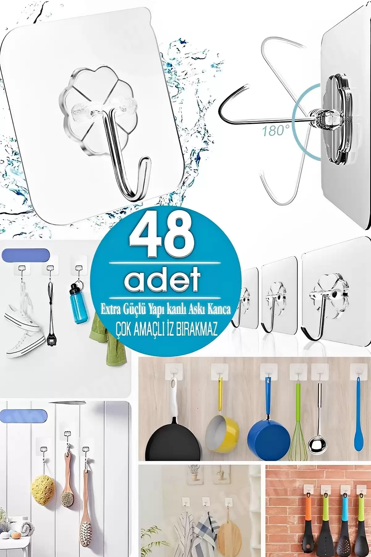 48li Şeffaf Kancalı Duvar Askısı İz Bırakmaz Güçlü Yapışkanlı Vantuz Banyo Mutfak Düzenleyici Askı