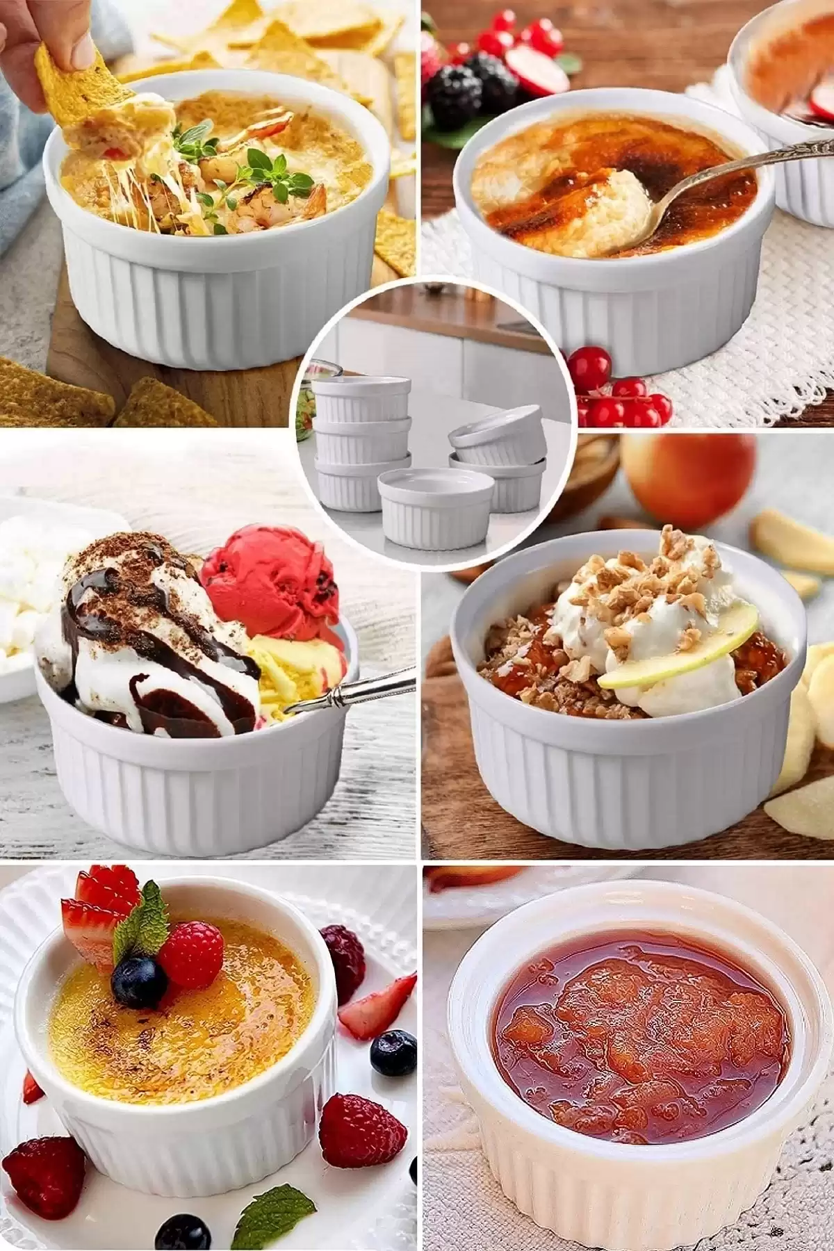 6 Adet Sufle Kabı Lüx Isıya Dayanıklı Beyaz Rölyefli Seramik Beyaz Sufle Fırın Kabı Kasesi Sunumluk