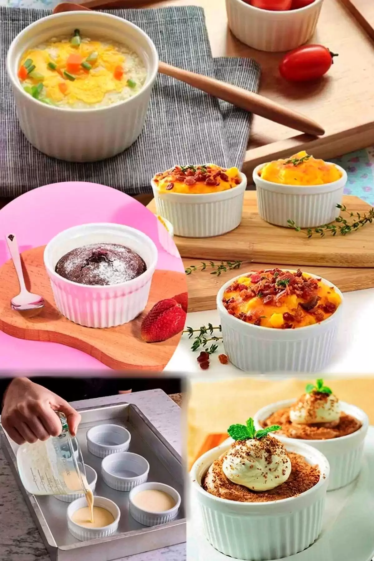 6 Adet Sufle Kabı Lüx Isıya Dayanıklı Beyaz Rölyefli Seramik Beyaz Sufle Fırın Kabı Kasesi Sunumluk