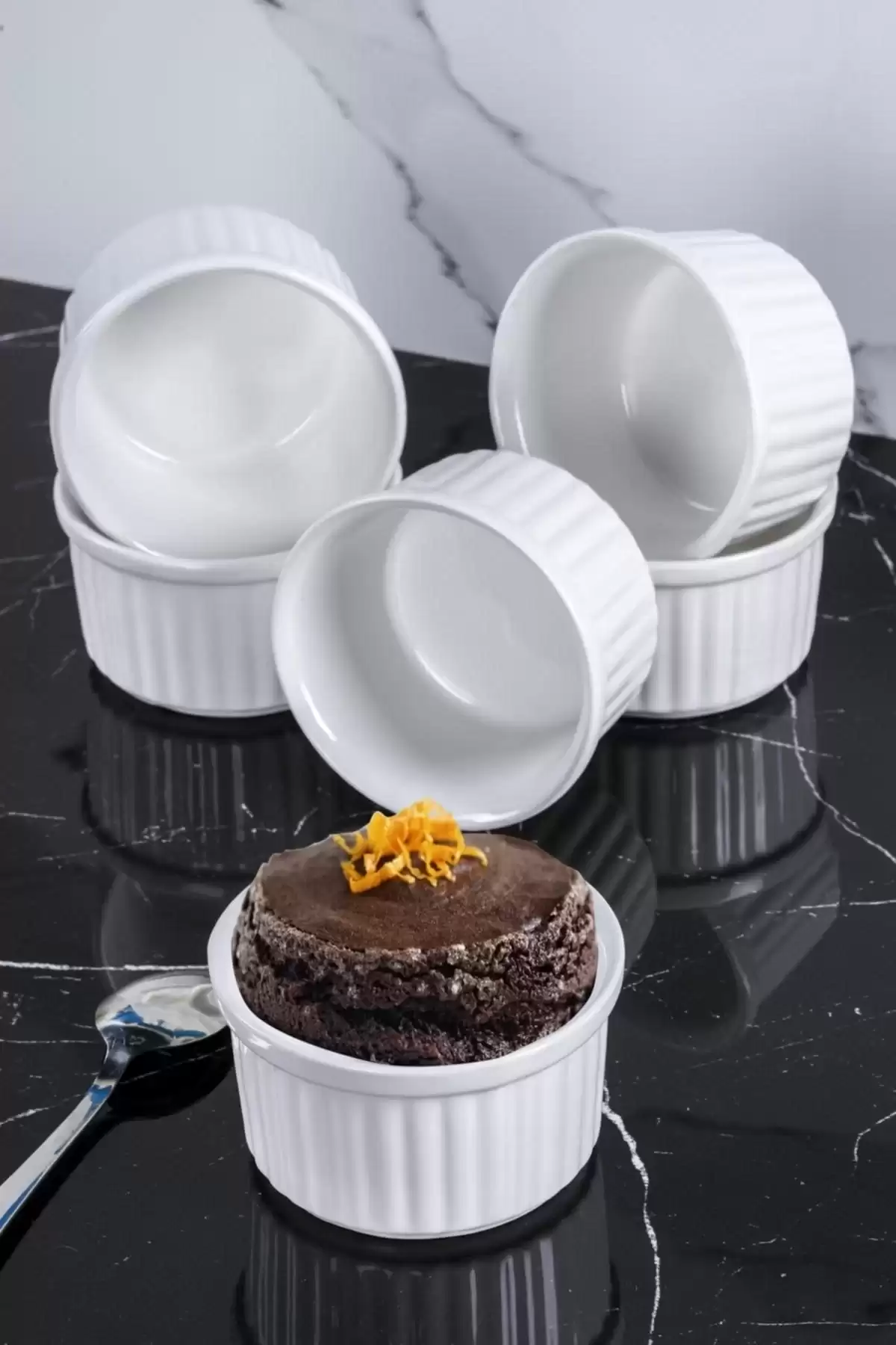 6 Adet Sufle Kabı Lüx Isıya Dayanıklı Beyaz Rölyefli Seramik Beyaz Sufle Fırın Kabı Kasesi Sunumluk