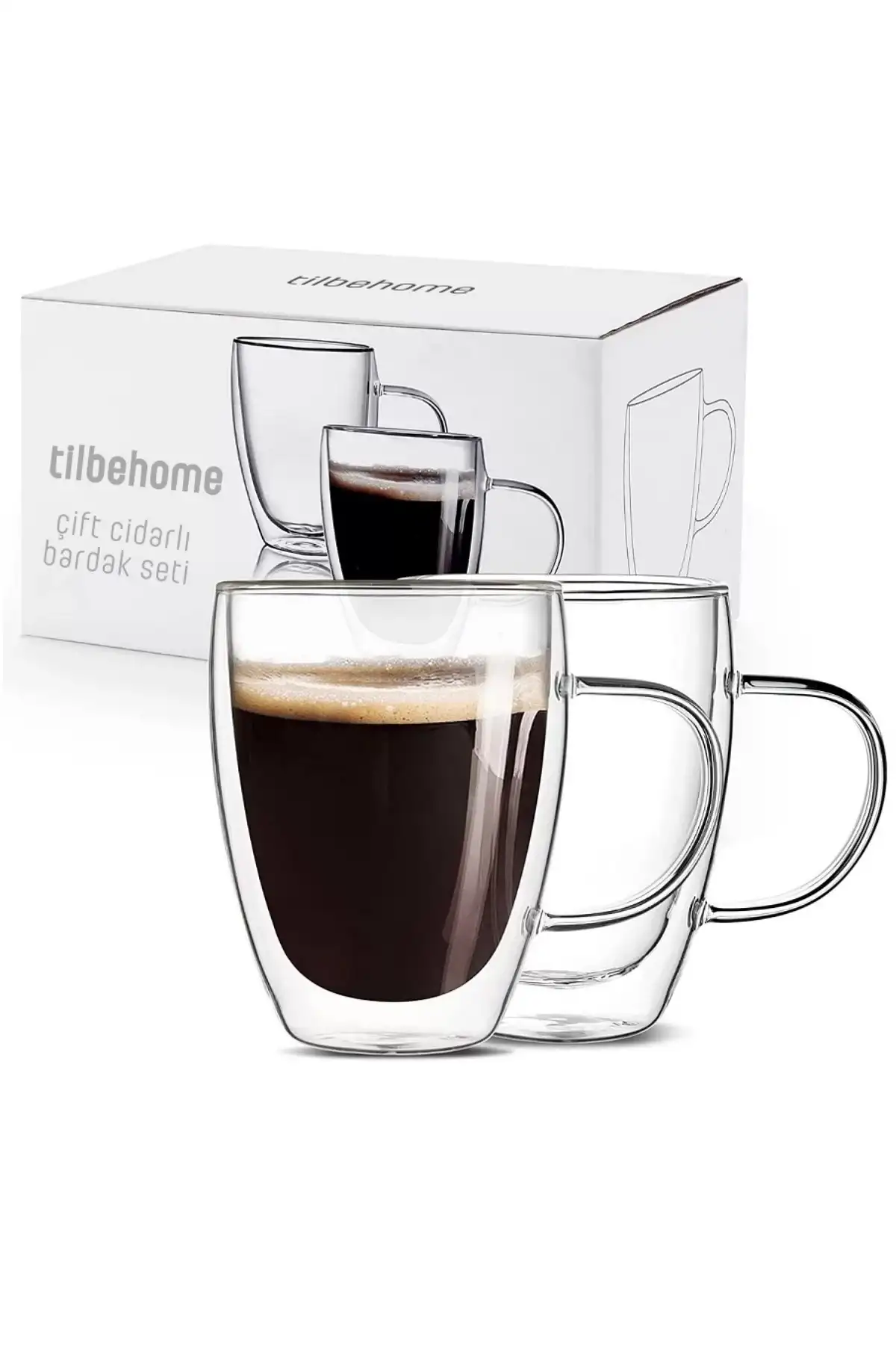 Çift Cidarlı Bardak Cam Kupa 310 ml Ev Ofis Espresso Kahve Fincanı Borosilikat Kulplu Çay Bardağı