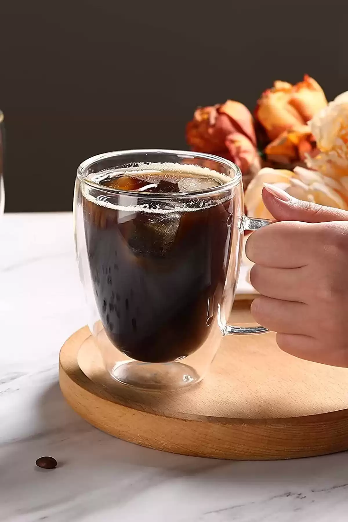 2li Çift Cidarlı Bardak Kupa 350 ml Ev Ofis Espresso Kahve Çay Fincanı Kulplu Cam Bardak