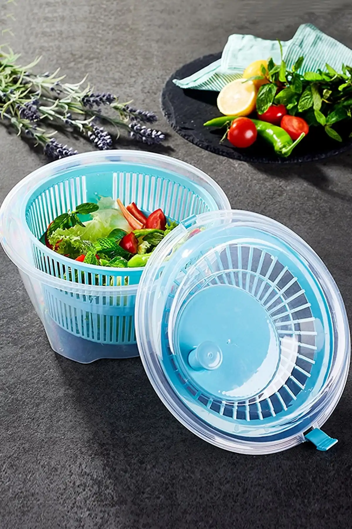 Salata Kurutucu Meyve Sebze Kurutma Makinesi Kilitli Yeşillik Süzgeci Kollu Çevirmeli Salad Spinner