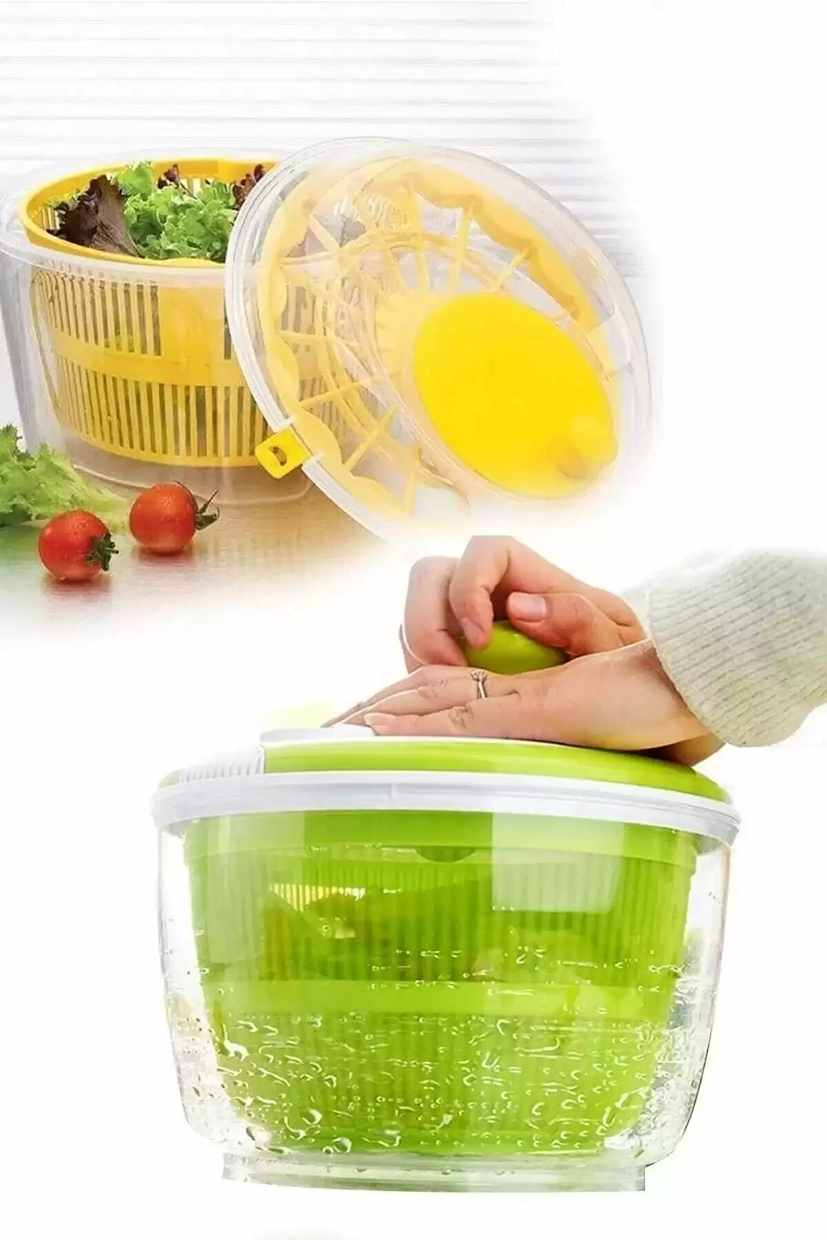 Salata Kurutucu Meyve Sebze Kurutma Makinesi Kilitli Yeşillik Süzgeci Kollu Çevirmeli Salad Spinner