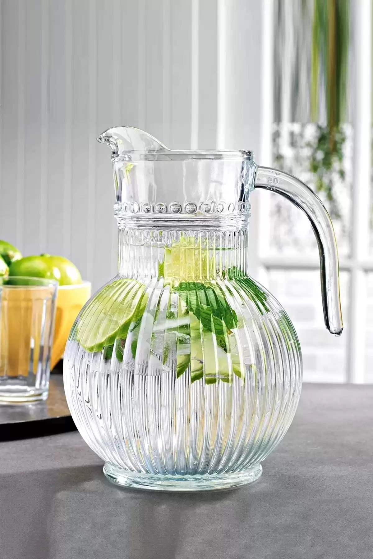 Ada Cam Sürahi Kristal Şeffaf Kapaklı Gravürlü Tombul Cam Sürahi 1800 ml Sofra Cam Meşrubat Sürahi