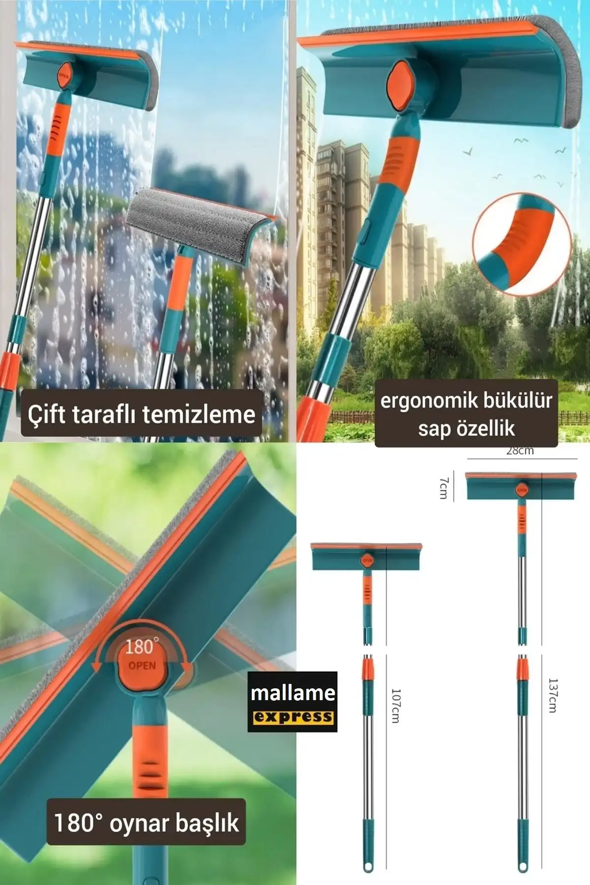 Teleskopik Çift Yönlü Pratik Cam Silme Aparatı 180 Derece Döner Pencere Cam Temizleyici Çekpas
