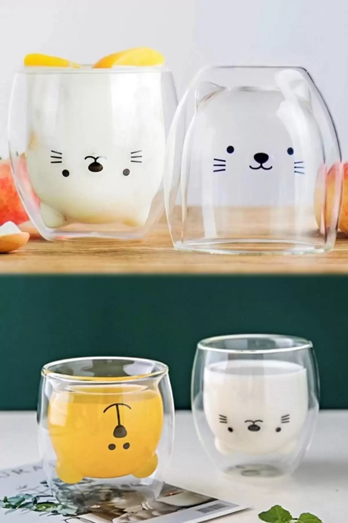 2li Çift Camlı Cidarlı Sevimli Ayıcık Süt Çay Kahve Su Kupa Bardağı 250ml Ev Ofis Isı Yalıtımlı Bardak