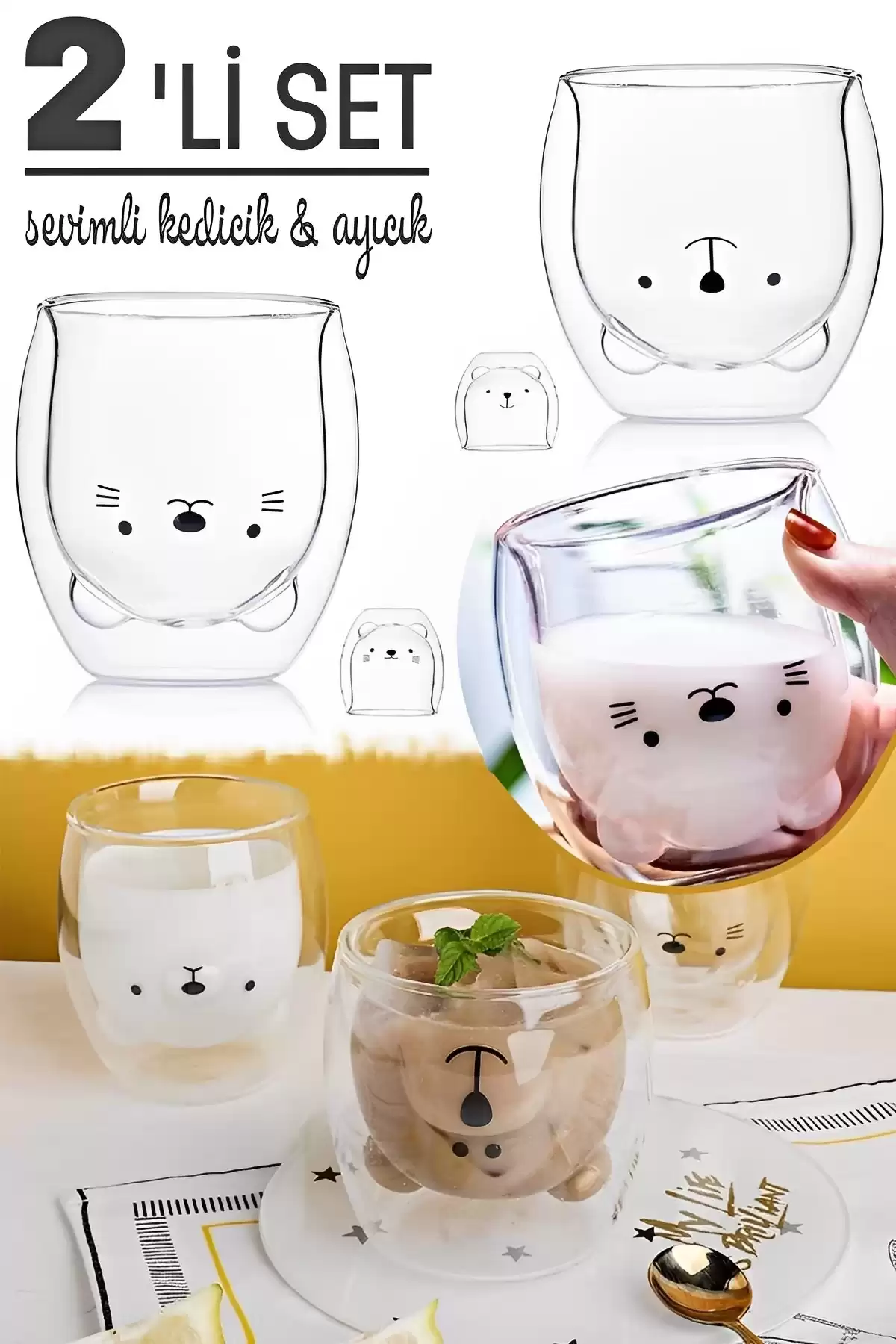 2li Çift Camlı Cidarlı Sevimli Ayıcık Süt Çay Kahve Su Kupa Bardağı 250ml Ev Ofis Isı Yalıtımlı Bardak