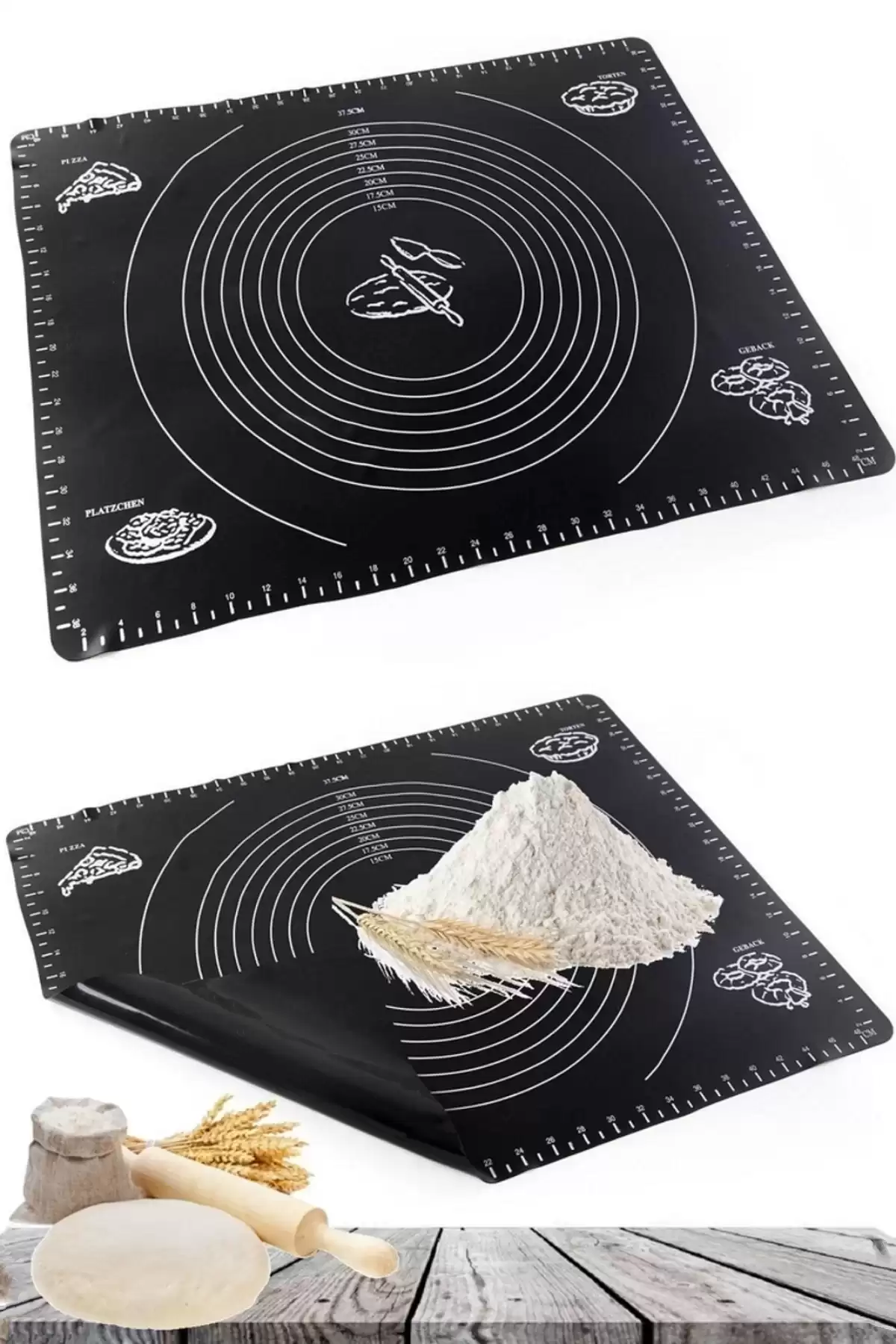 Silikon Hamur Matı Hamur Açma Pasta Fırın Altlığı Matı Ölçülü Hamur Yoğurma Siyah Büyük Boy 65X45