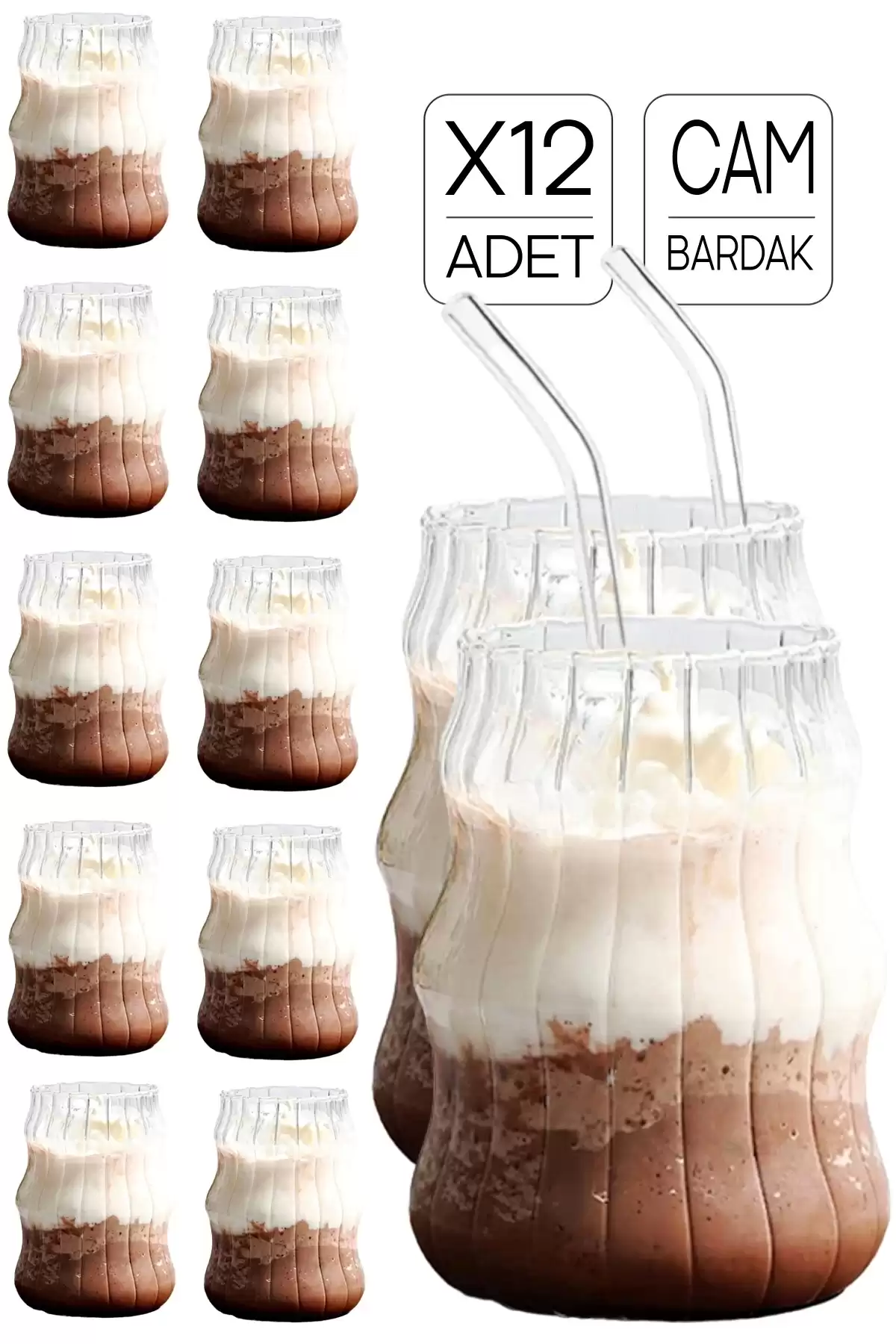 12li Sukabağı Latte Pipetli Cam Bardak İskandinav Burgu Kahve Kokteyl 3 Katlı Sunum Bardağı 400ml