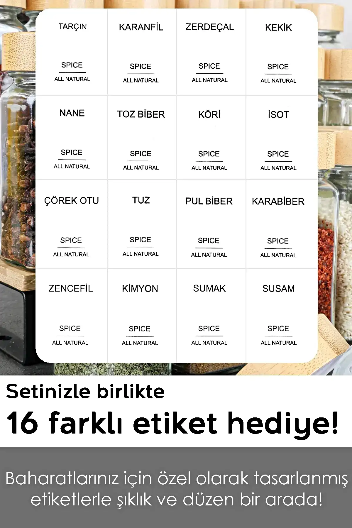 12li Döner Stantlı Bambu Baharatlık Takımı Serpme Başlıklı Kapaklı Etiketli Cam Baharatlık Seti