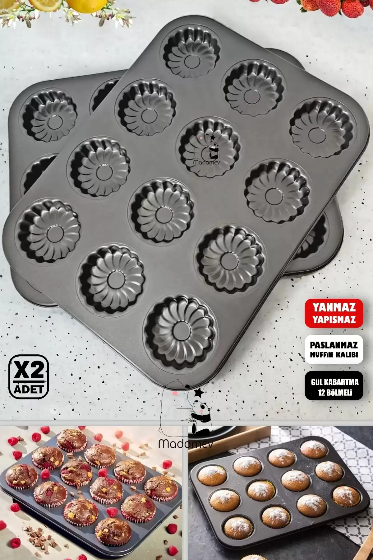 2 Adet 12li Cupcake Muffin Kalıbı Gül Kabartmalı Yanmaz Yapışmaz Fırın Kek Kapsülü Çelik Siyah