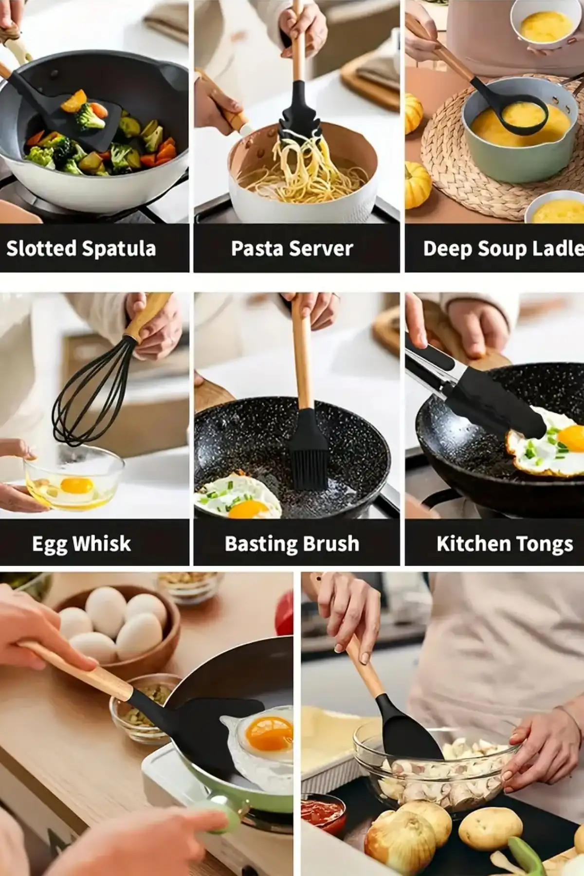 12Parça Silikon Kevgir Kepçe Çırpıcı Kaşık Spatula Maşa Servis Seti Bambu Saplı Gri Mutfak Takımı