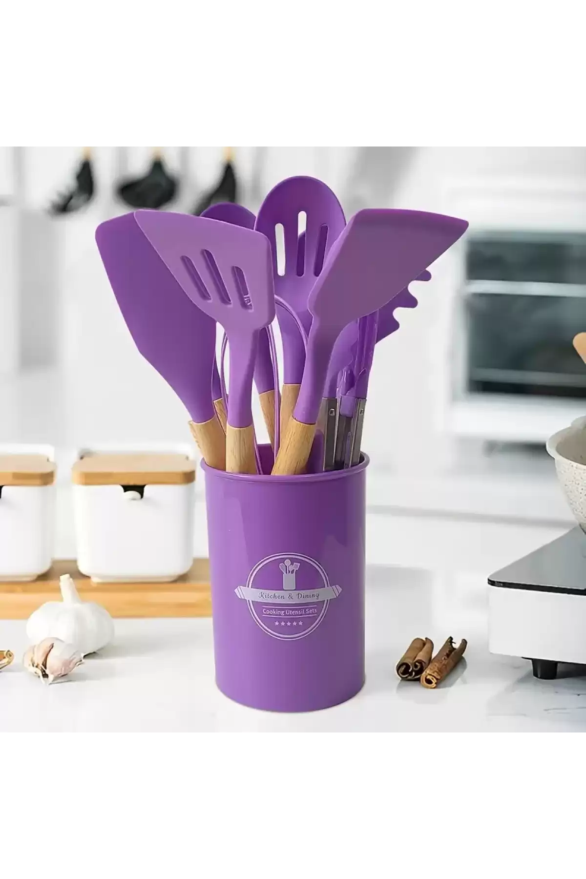 12Parça Silikon Kepçe Kevgir Spatula Kaşık Fırça Çırpıcı Servis Maşa Seti Bambu Mor Mutfak Takımı
