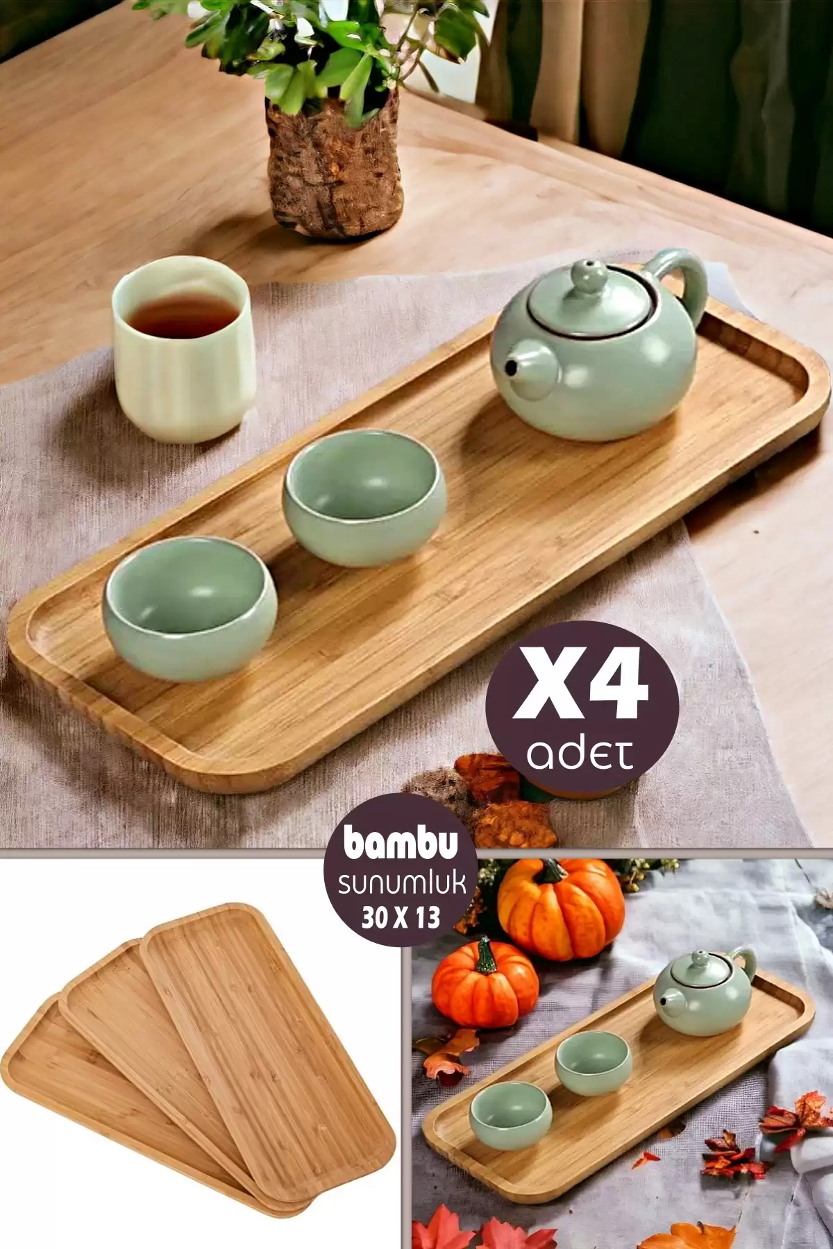 4 Adet Gourmet Kayık Bambu Kahvaltı Tabağı Peynir Servis Sunum Tepsi İkramlık Ahşap Tabak 30X13 Set
