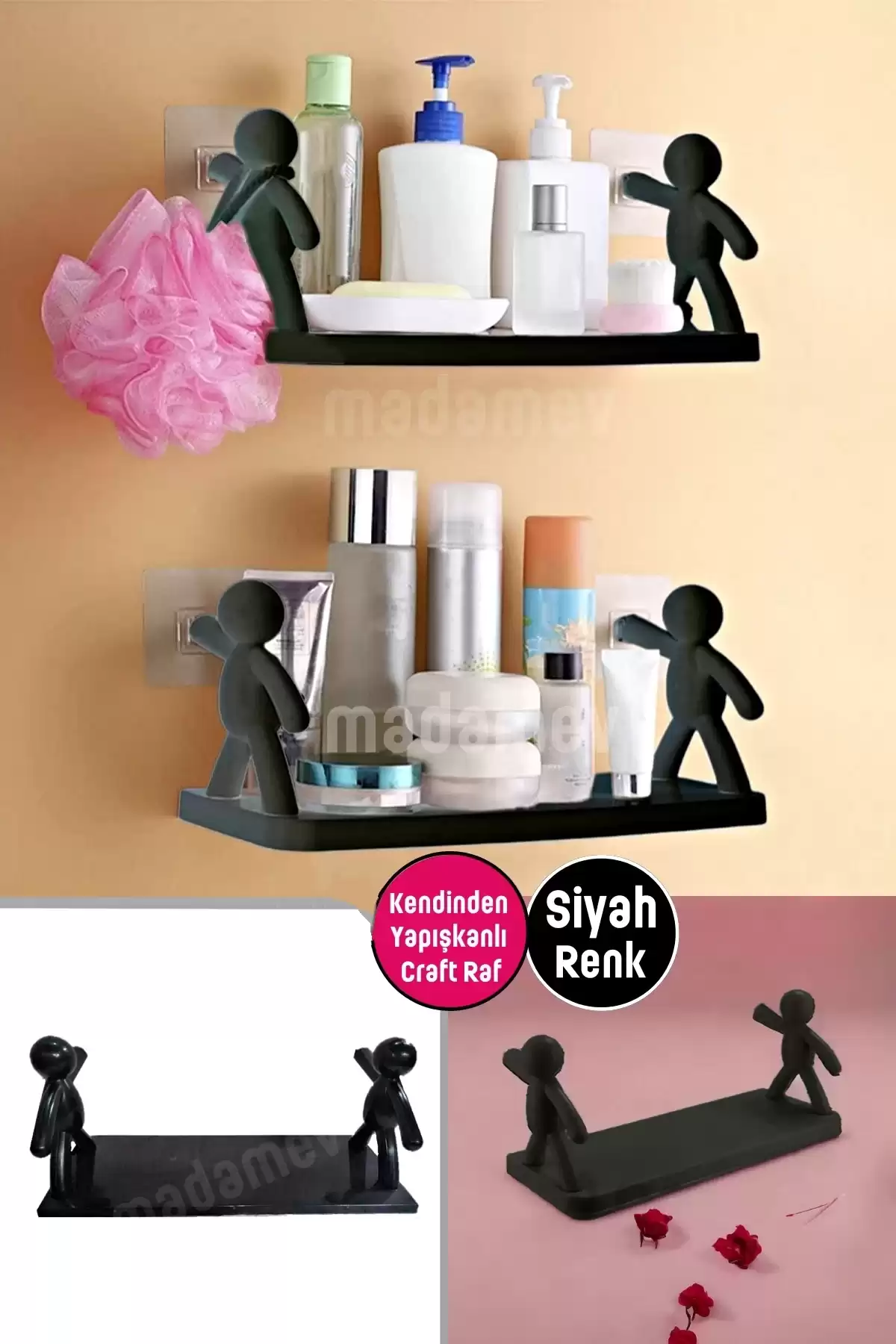 Kendinden Yapışkanlı Craft Siyah Banyo Rafı Mutfak Organizer Duvara Monte Raf Düzenleyici