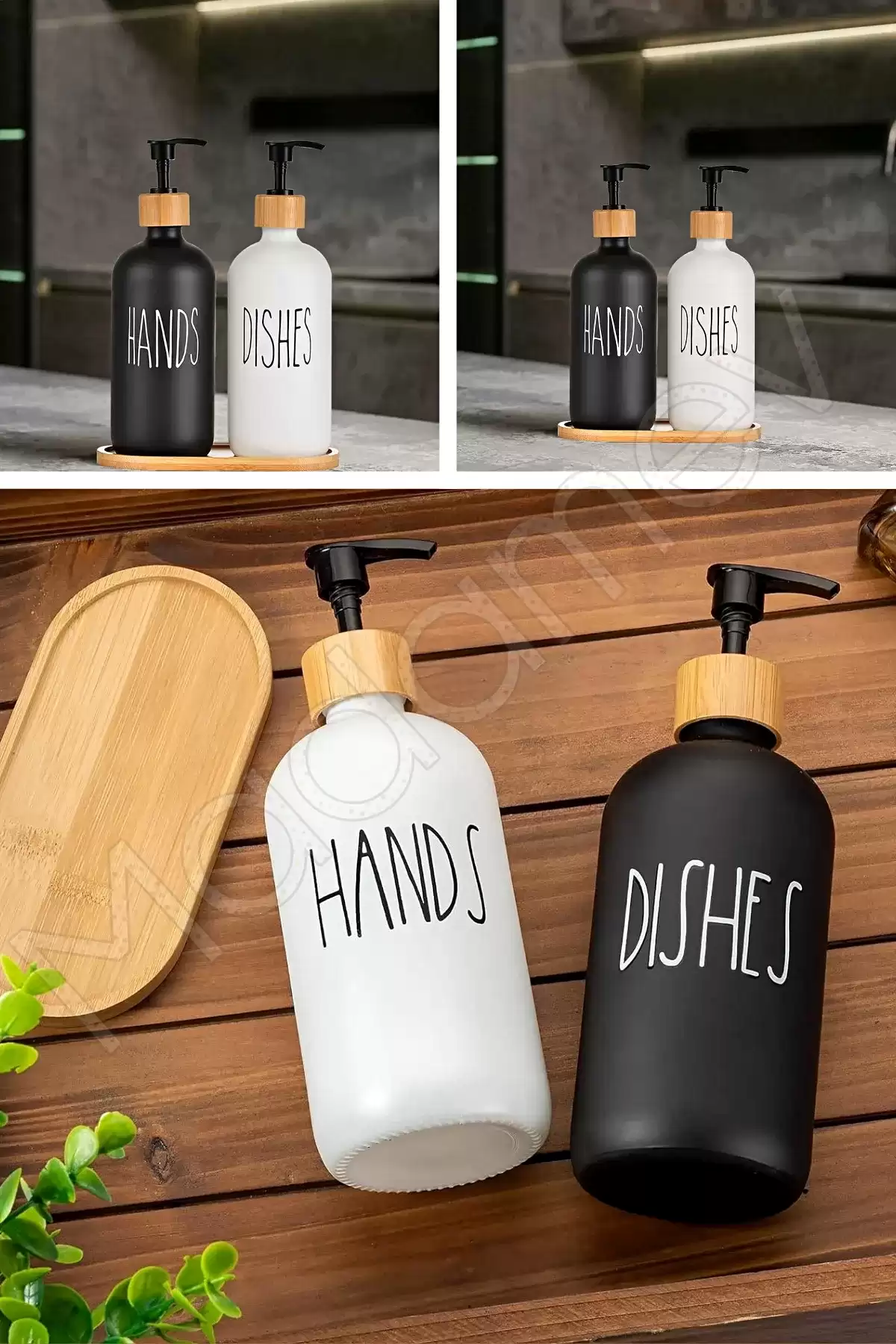 2’li Hands Dishes Siyah Beyaz Dekoratif Mutfak Banyo Sıvı Cam Sabunluk Seti 500ml Bambu Stantlı Set