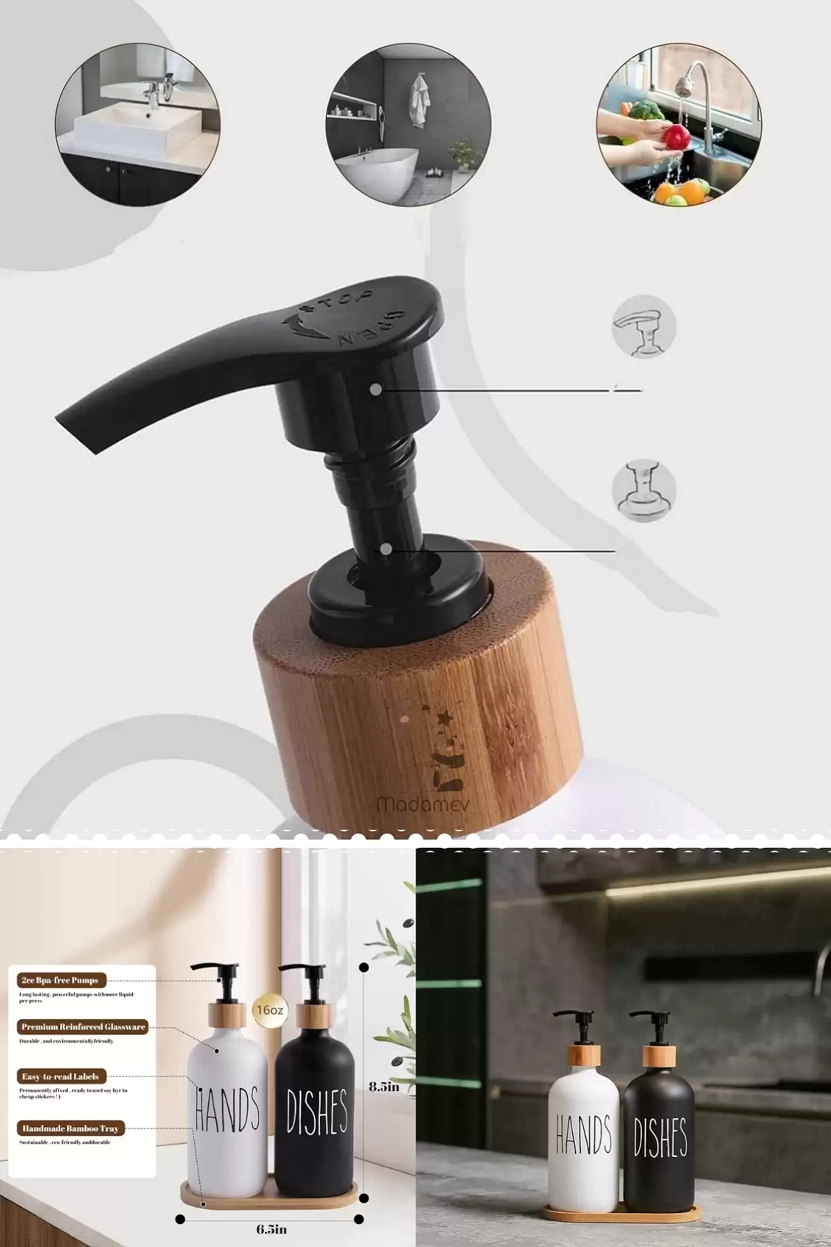 2’li Hands Dishes Siyah Beyaz Dekoratif Mutfak Banyo Sıvı Cam Sabunluk Seti 500ml Bambu Stantlı Set