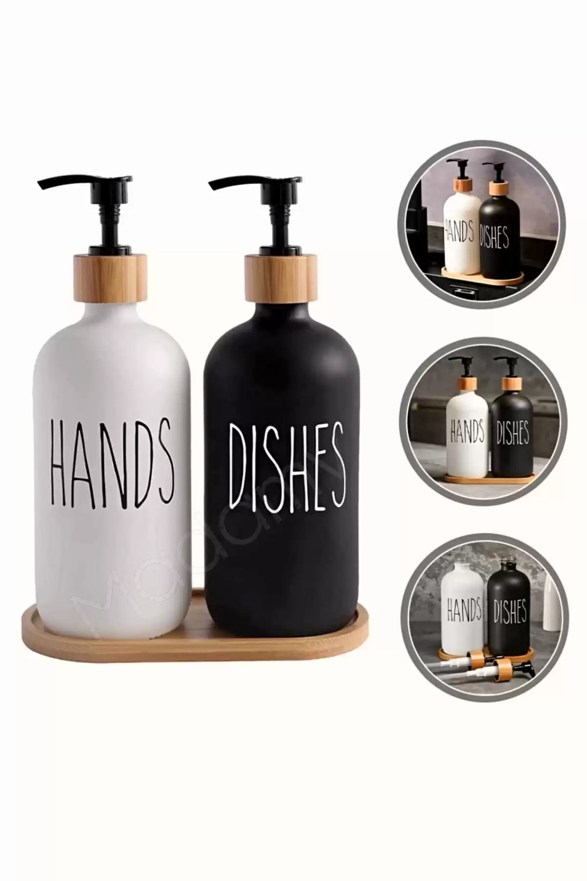 2’li Hands Dishes Siyah Beyaz Dekoratif Mutfak Banyo Sıvı Cam Sabunluk Seti 500ml Bambu Stantlı Set