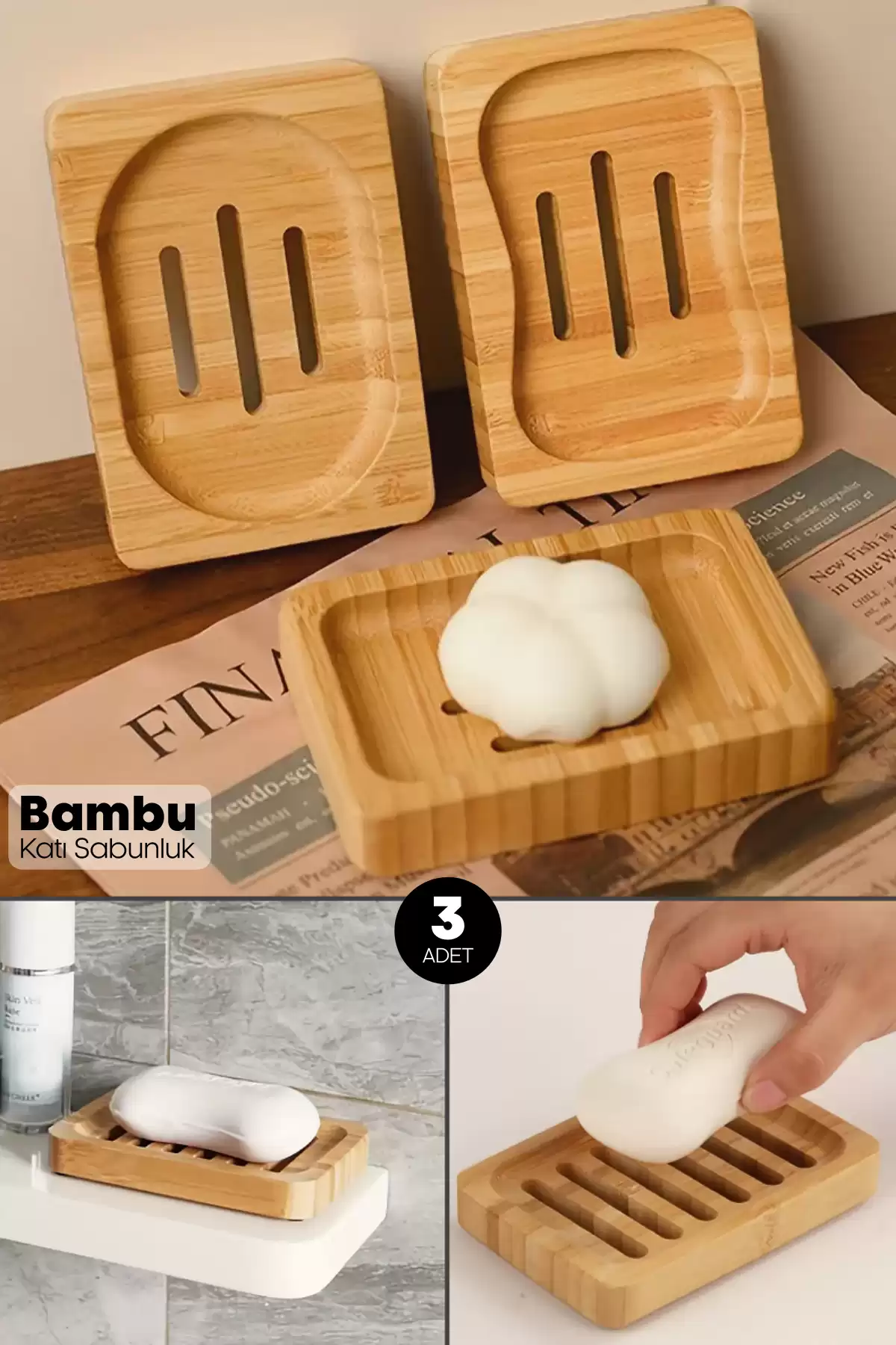 3 Adet Doğal Bambu Katı Sabunluk Mutfak Banyo Organizeri Dekoratif Hamam Sauna Sabunluk