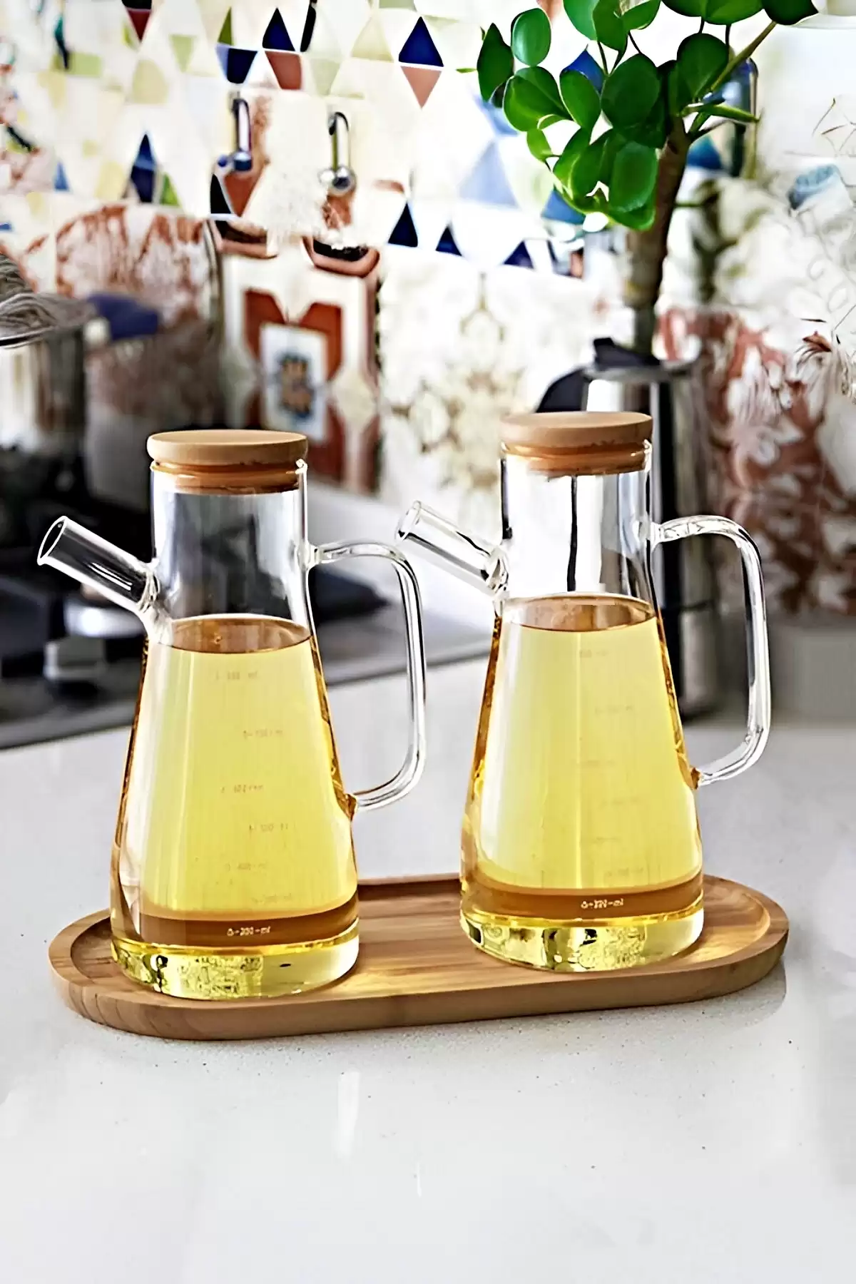 Bambu Kapaklı Cam Yağdanlık Vakumlu Ahşap Stantlı Sirkelik Zeytinyağı Şişesi Yağlık 900 ml 3lü Set