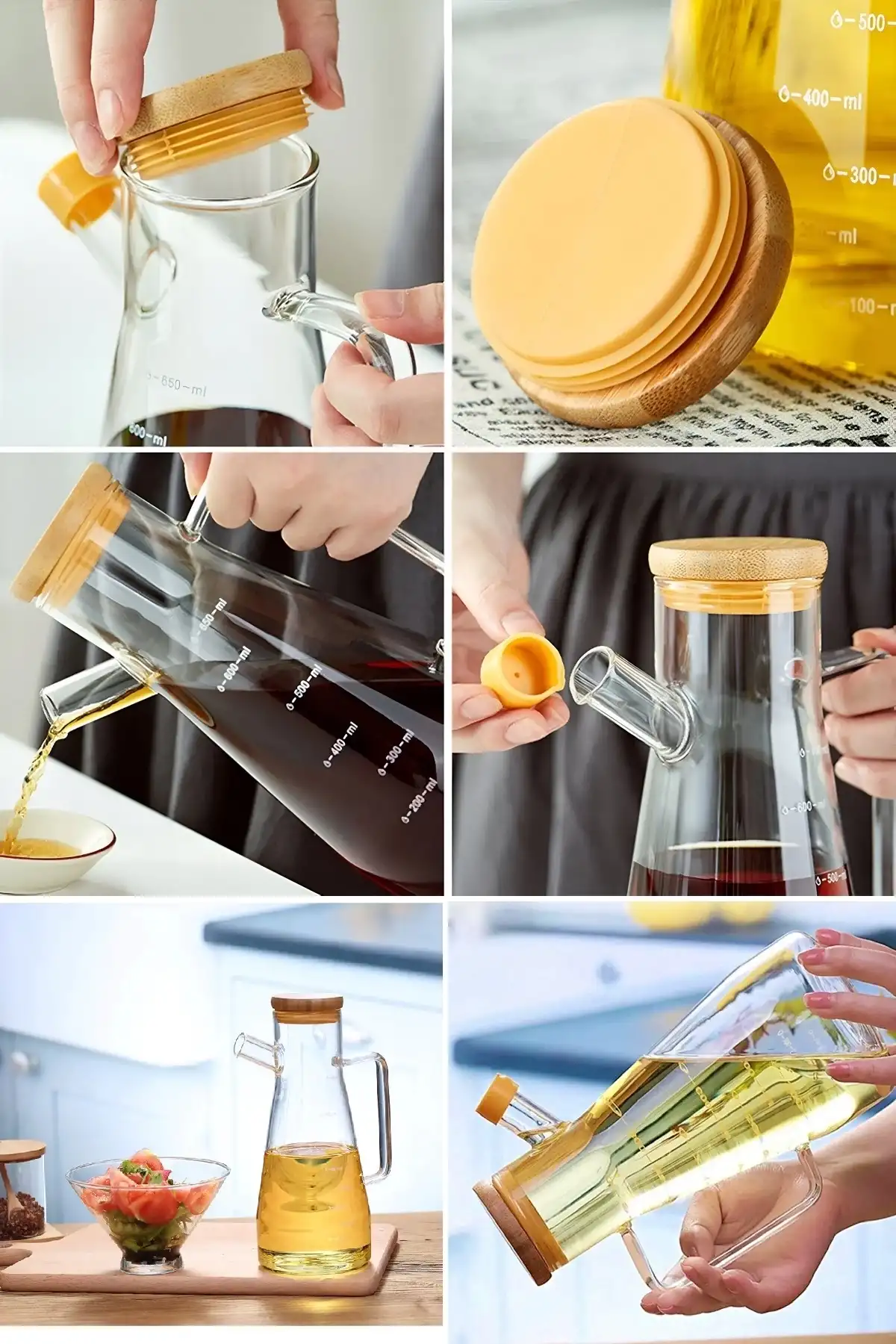 Bambu Kapaklı Cam Yağdanlık Vakumlu Ahşap Stantlı Sirkelik Zeytinyağı Şişesi Yağlık 900 ml 3lü Set
