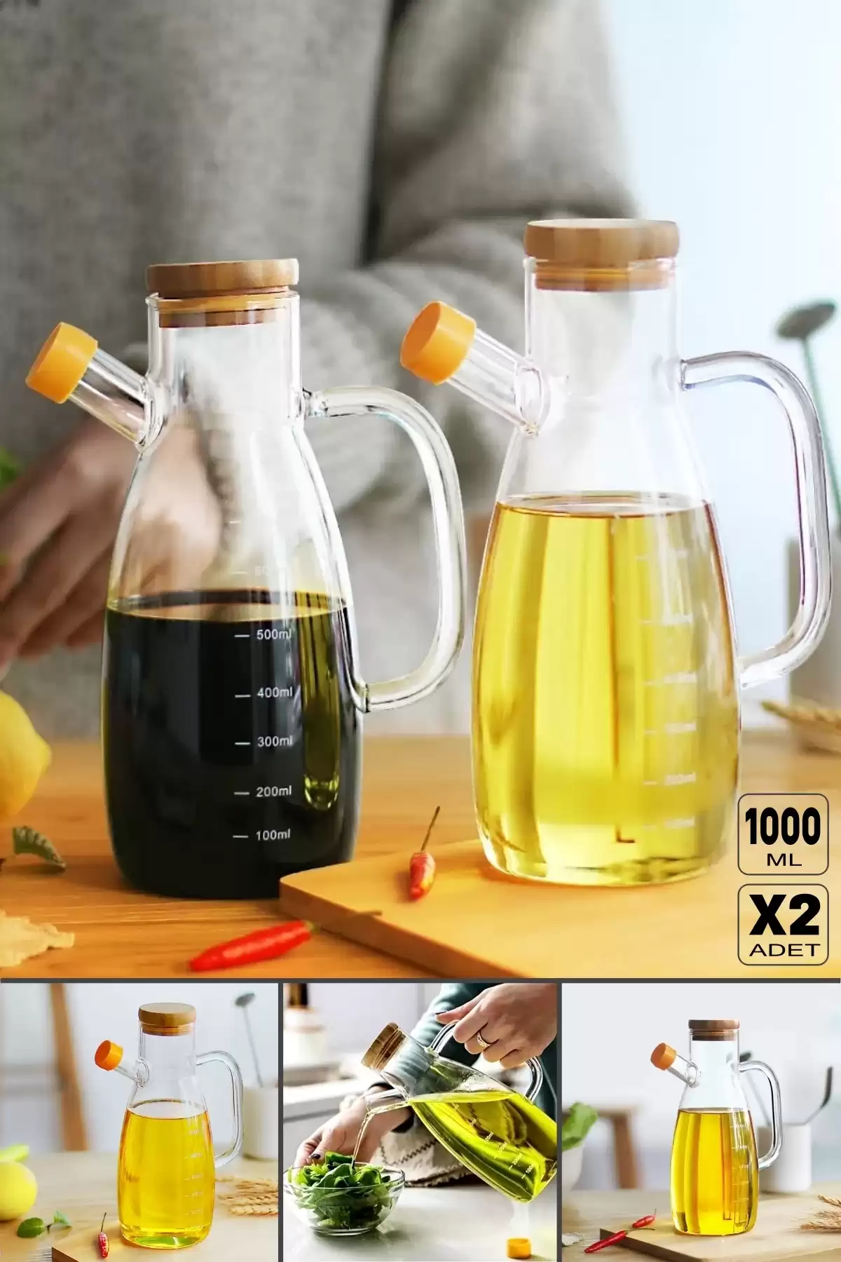 2li Bambu Kapaklı Yağdanlık 1000 ml Borosilikat Cam Yağlık Sirkelik Şişesi Master Vakumlu Sosluk