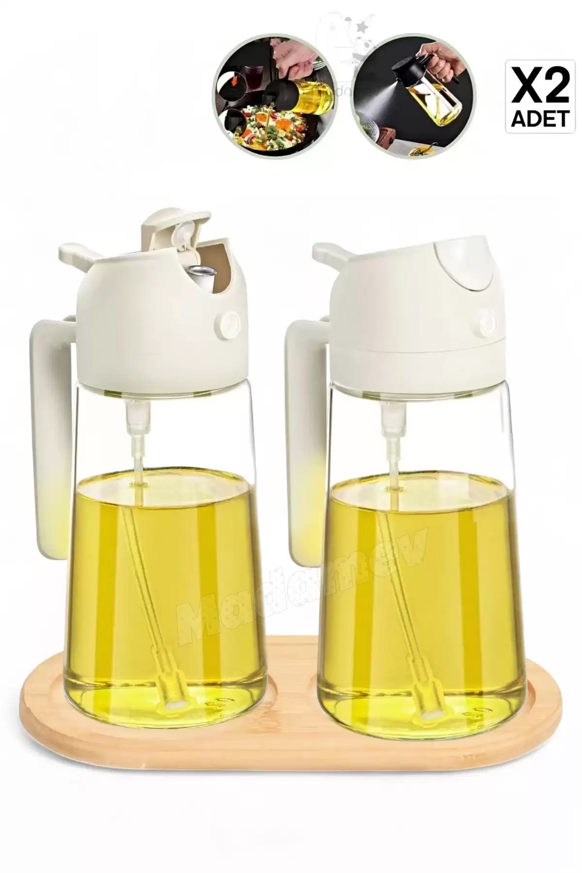 2li Bambu Stantlı Çift Fonksiyonlu Sprey Dökme Cam Yağdanlık 450ml Yağlık Sıvıyağ Şişesi Airfryer