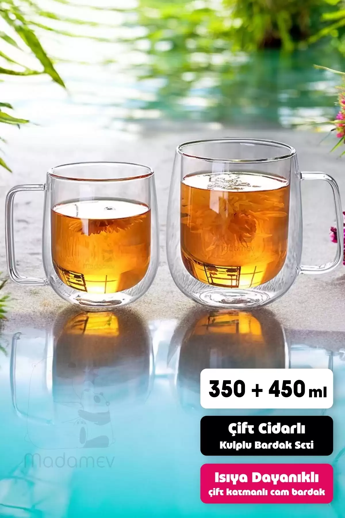 2li Çift Cidarlı Bardak Seti 350+450 ml Isıya Dayanıklı Espresso Sunum Bardağı Kulplu Kahve Kupası