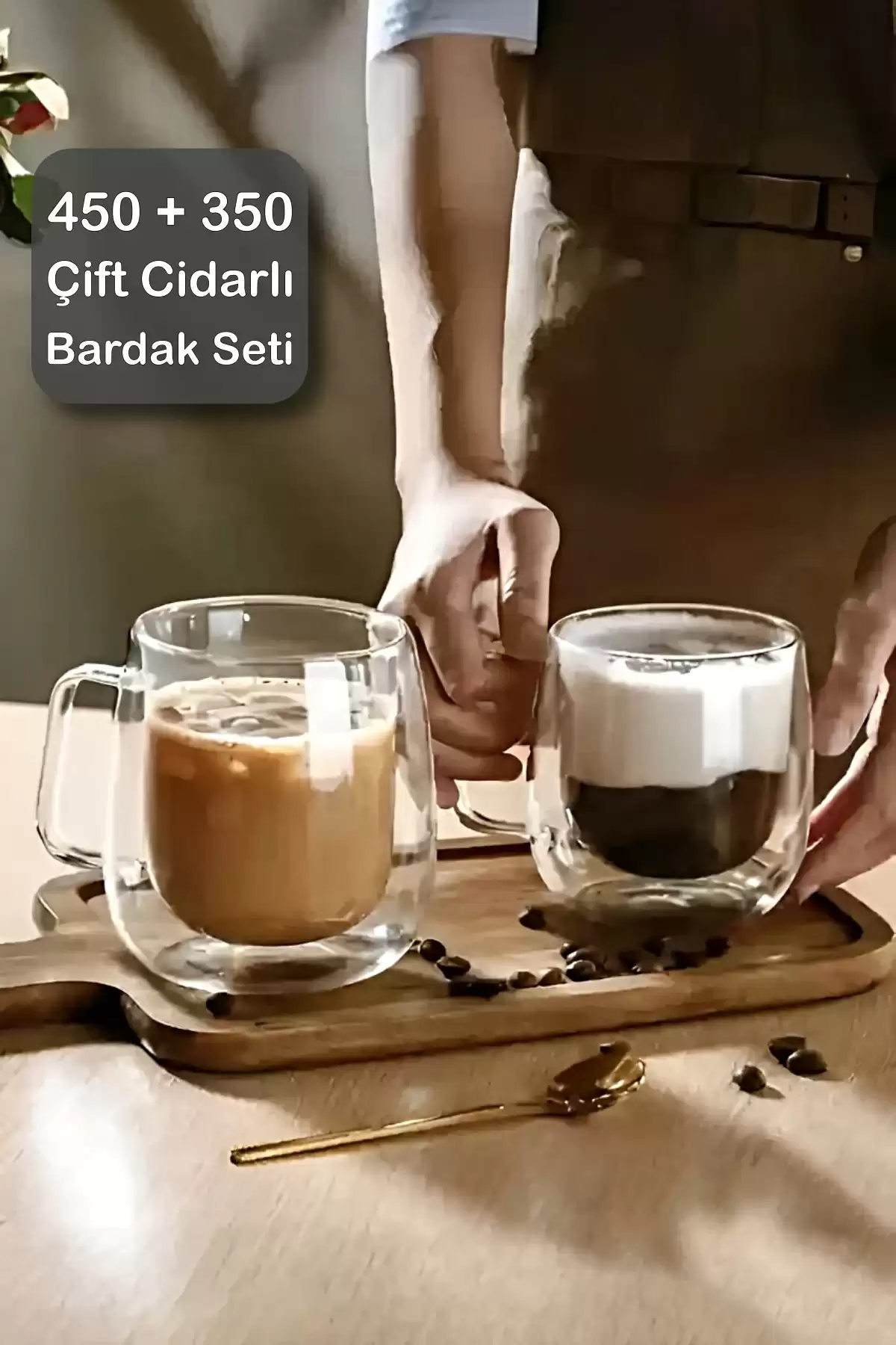 2li Çift Cidarlı Bardak Seti 350+450 ml Isıya Dayanıklı Espresso Sunum Bardağı Kulplu Kahve Kupası