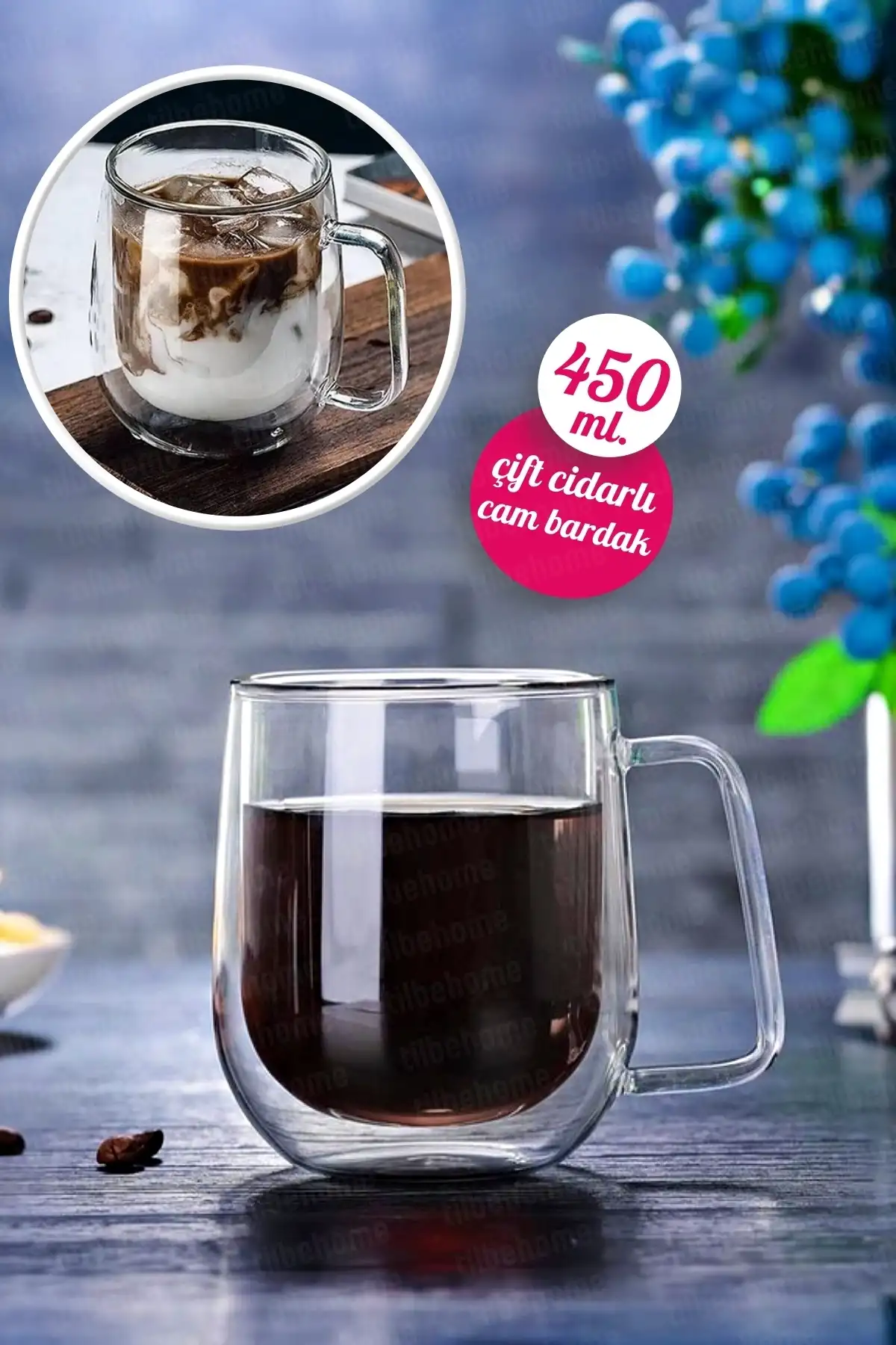 2li Çift Cidarlı Cam Kupa Bardak 450 ml Ev Ofis Fincanı Çift Katlı Isı Yalıtımlı Kulplu Cam Bardak