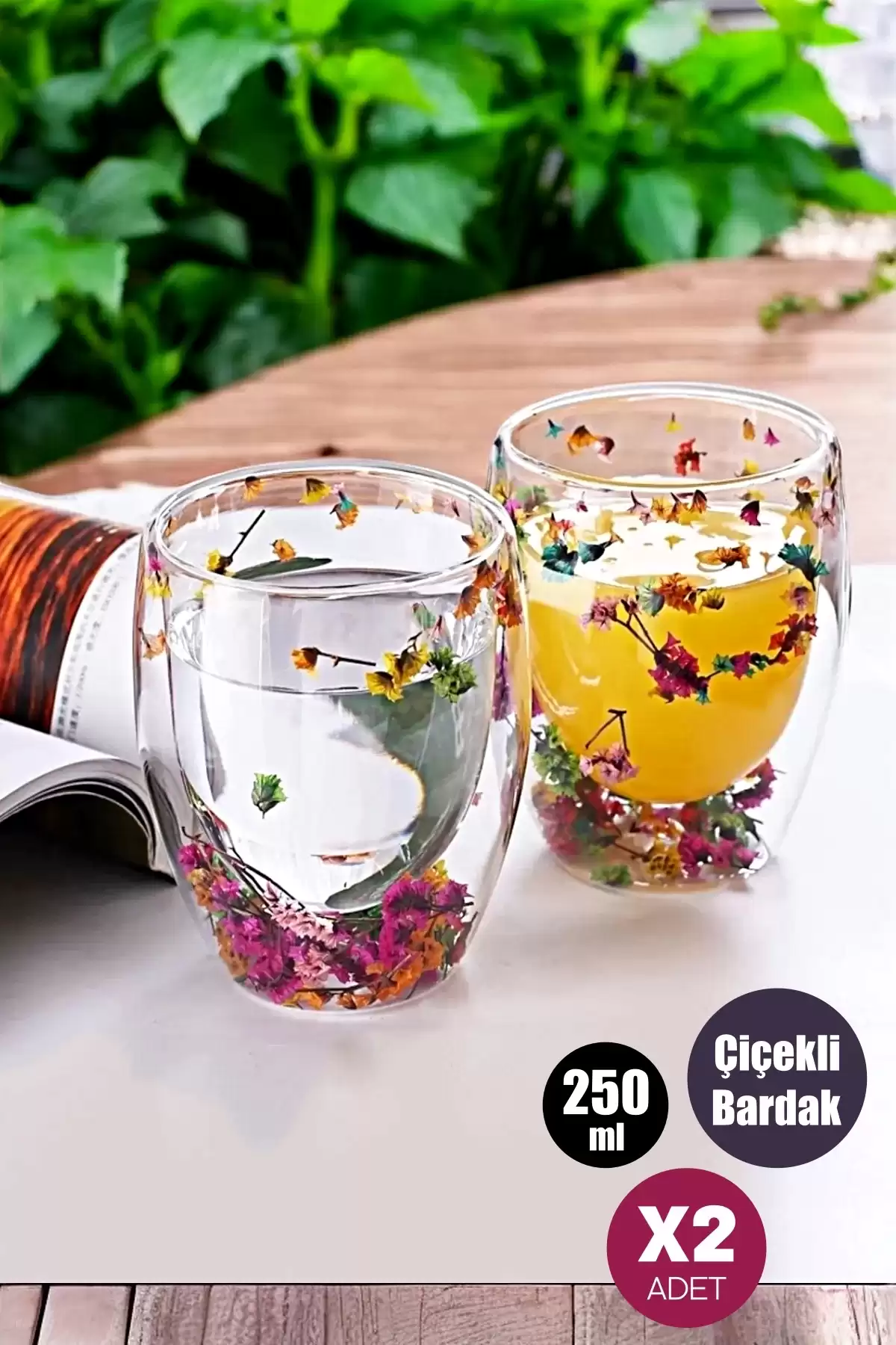 2li Çift Cidarlı Flower Cup 250ml Çiçekli Bardak Kahve Çay Bardağı El Yapımı Cam Bardak Seti