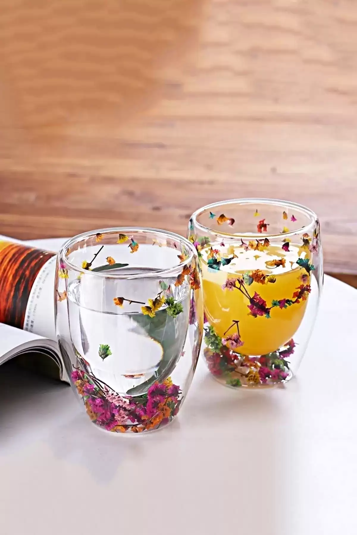 2li Çift Cidarlı Flower Cup 250ml Çiçekli Bardak Kahve Çay Bardağı El Yapımı Cam Bardak Seti