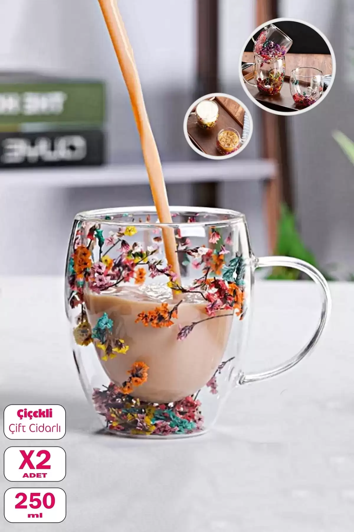 2li Çift Cidarlı Çiçekli Bardak 250ml Kahve Çay Bardağı El Yapımı Kulplu Borosilikat Cam Bardağı