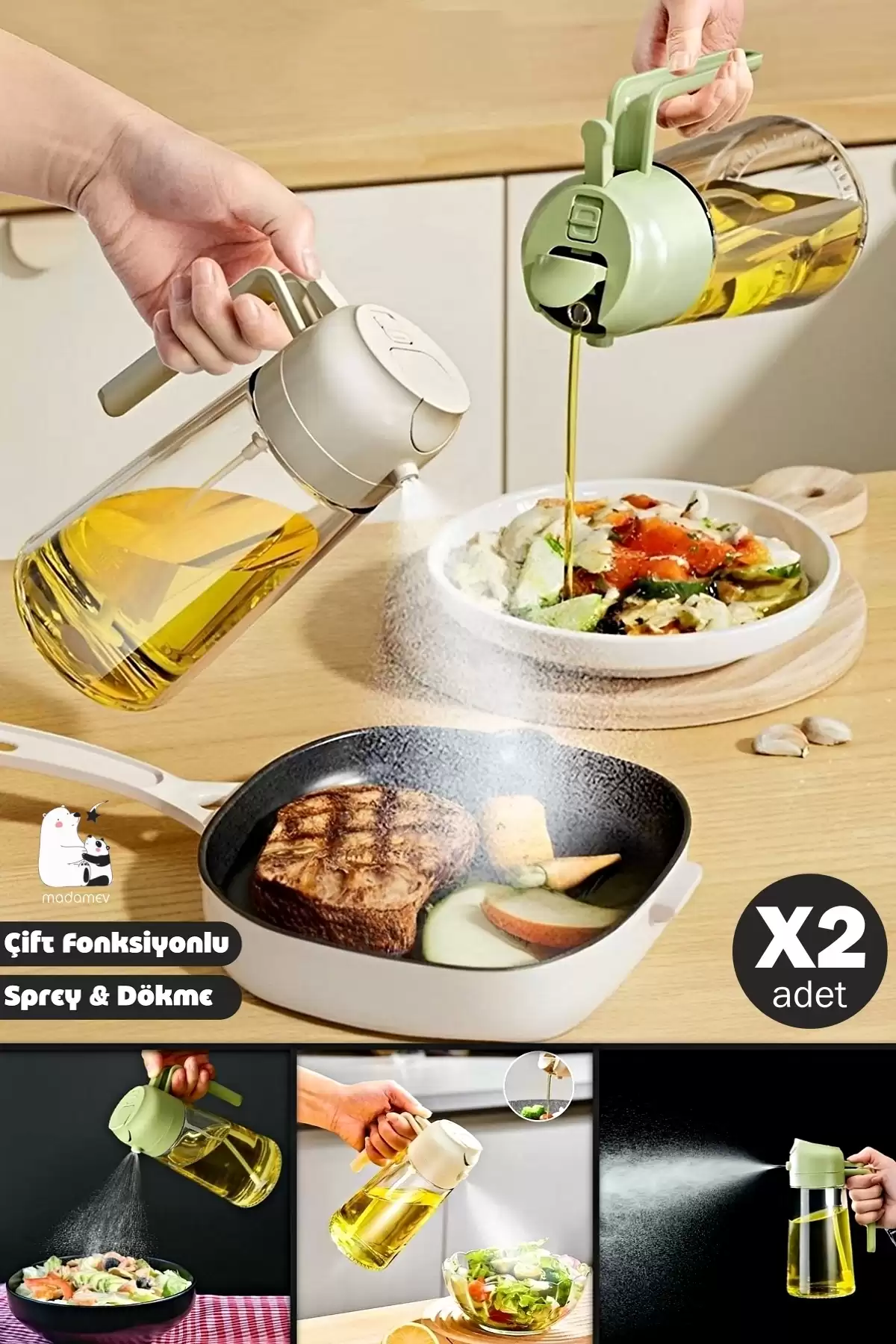 2li Çift Fonksiyonlu Cam Yağdanlık 450ml Kulplu Zeytinyağı Sıvıyağ Şişesi Airfryer Sprey Yağlık