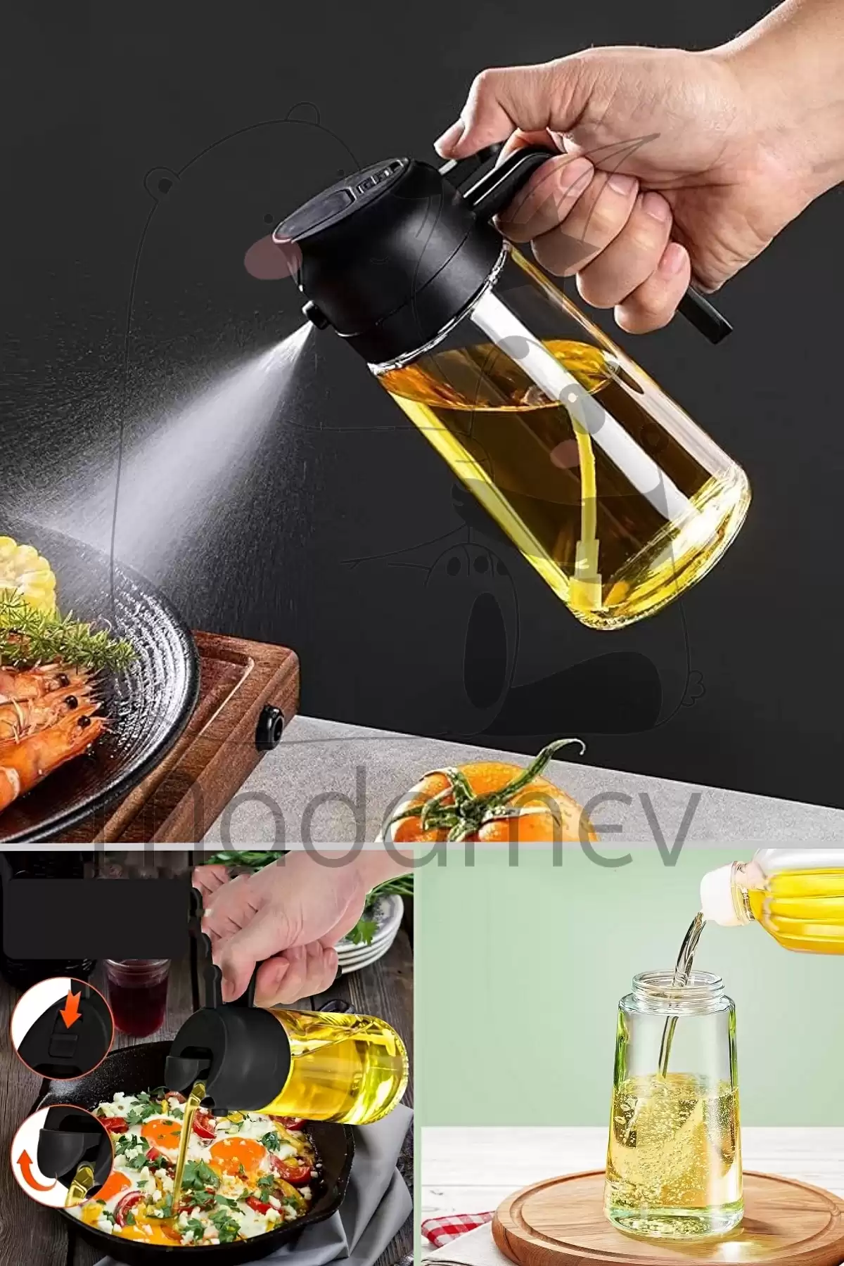2li Çift Fonksiyonlu Cam Yağdanlık 450ml Zeytinyağı Sıvıyağ Şişesi Airfryer Sprey Yağlık Püskürtücü