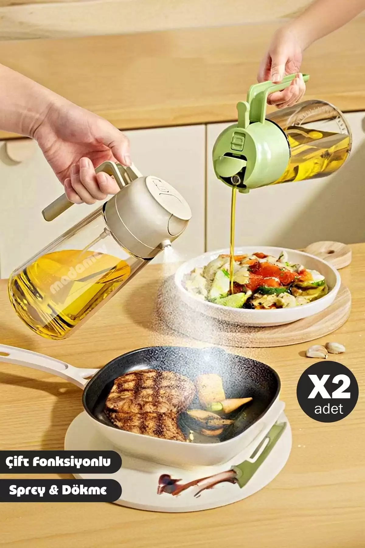 2li Çift Fonksiyonlu Cam Yağdanlık 450ml Kulplu Zeytinyağı Sıvıyağ Şişesi Airfryer Sprey Yağlık