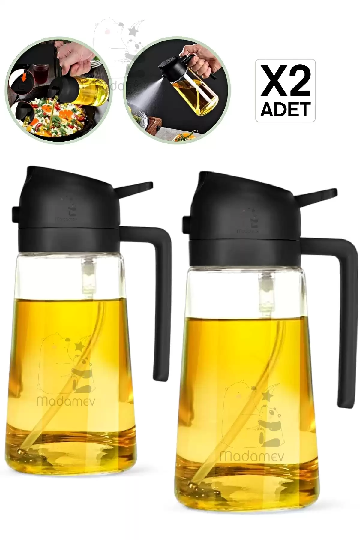 2li Çift Fonksiyonlu Cam Yağdanlık 450ml Zeytinyağı Sıvıyağ Şişesi Airfryer Sprey Yağlık Püskürtücü