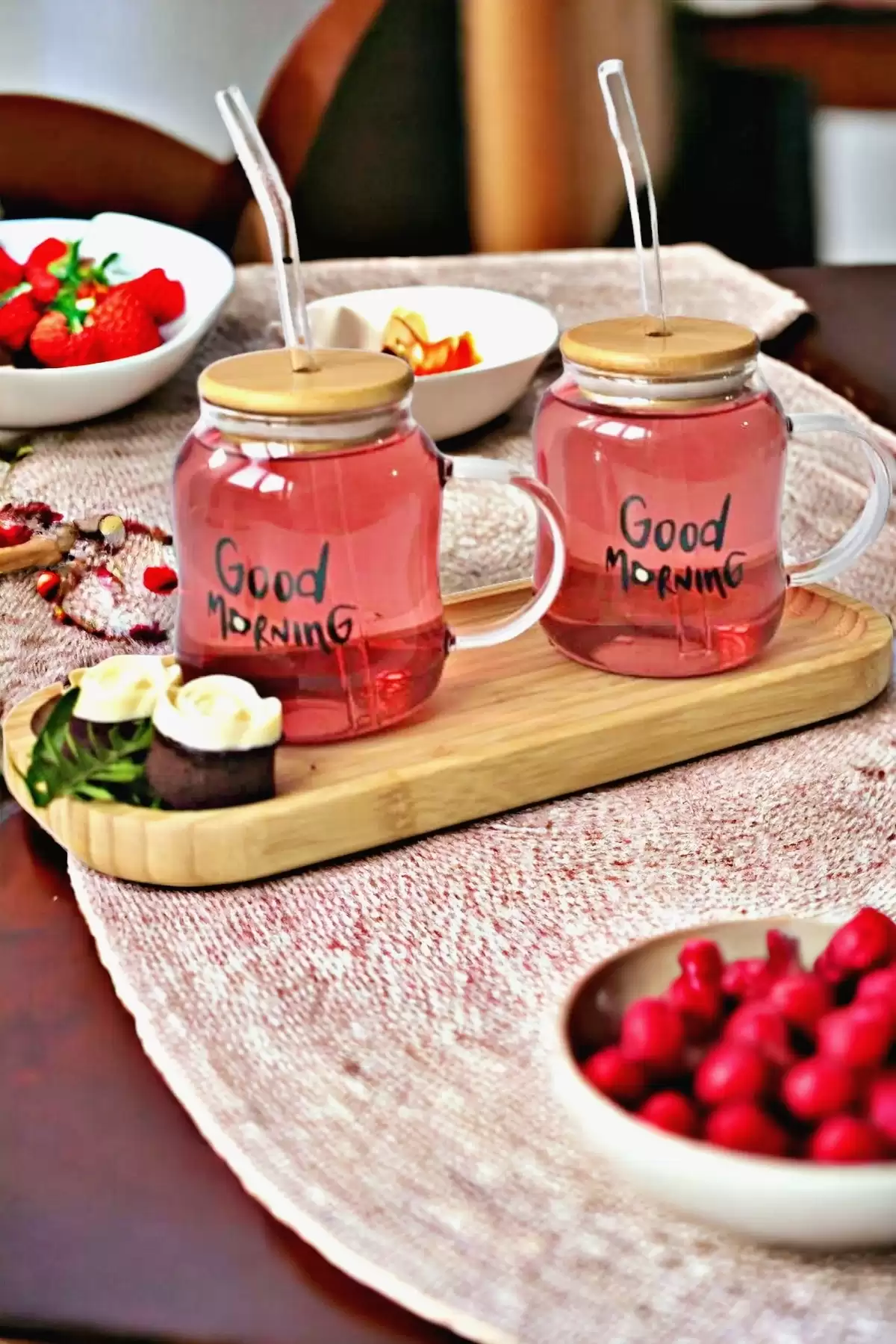 7 Parça Stantlı Good Morning Bardak Seti Bambu Kapaklı Pipetli New Stil Kokteyl Sunum Cam Bardağı