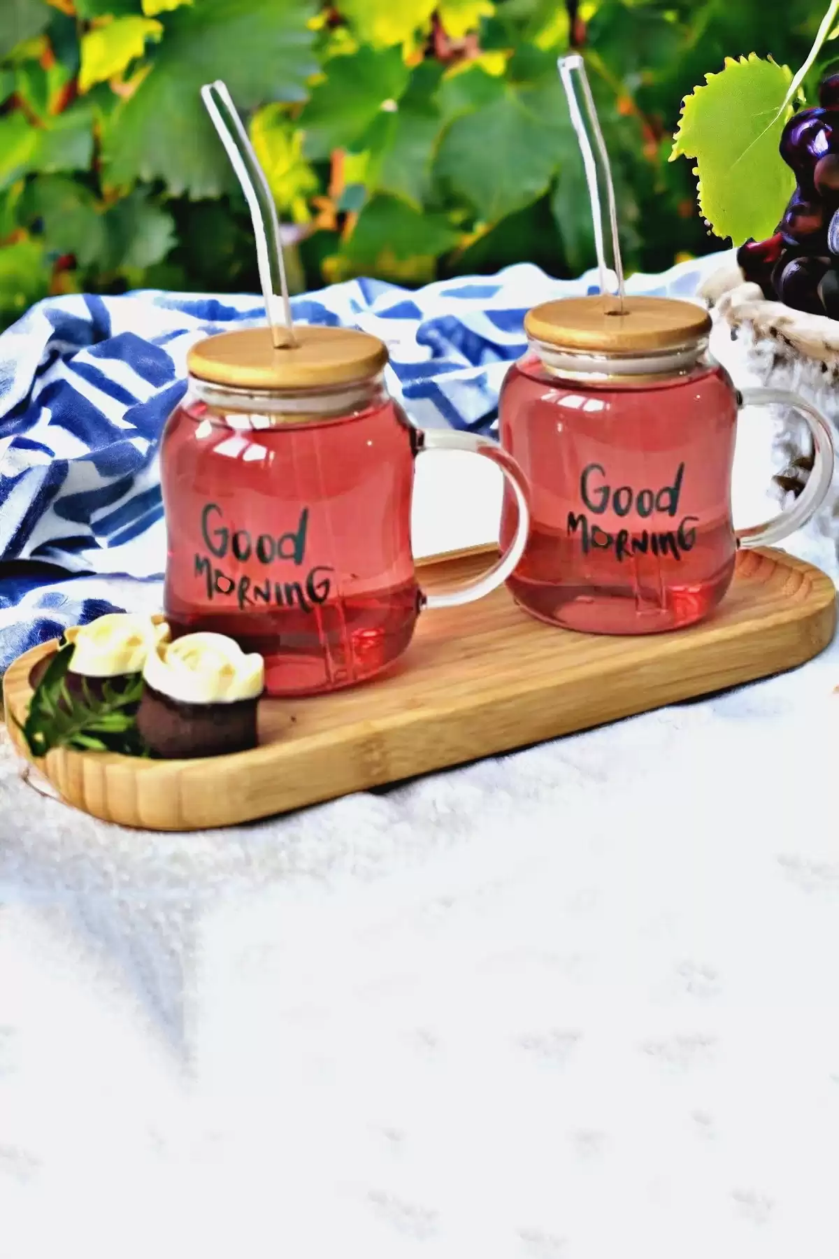 7 Parça Stantlı Good Morning Bardak Seti Bambu Kapaklı Pipetli New Stil Kokteyl Sunum Cam Bardağı