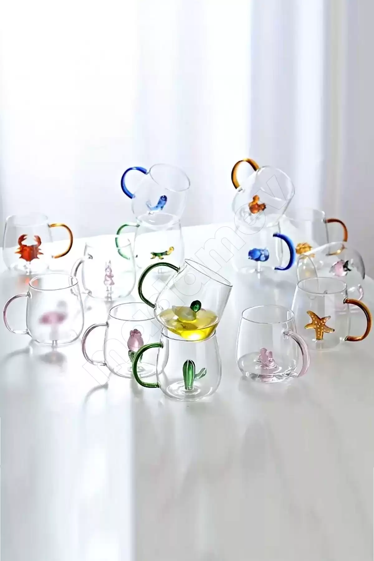 2li Figürlü Cam Bardak 3D Sevimli Karikatürler Bardağı Kawaii Renkli Kulplu Sunum Fincanı 350 ml.