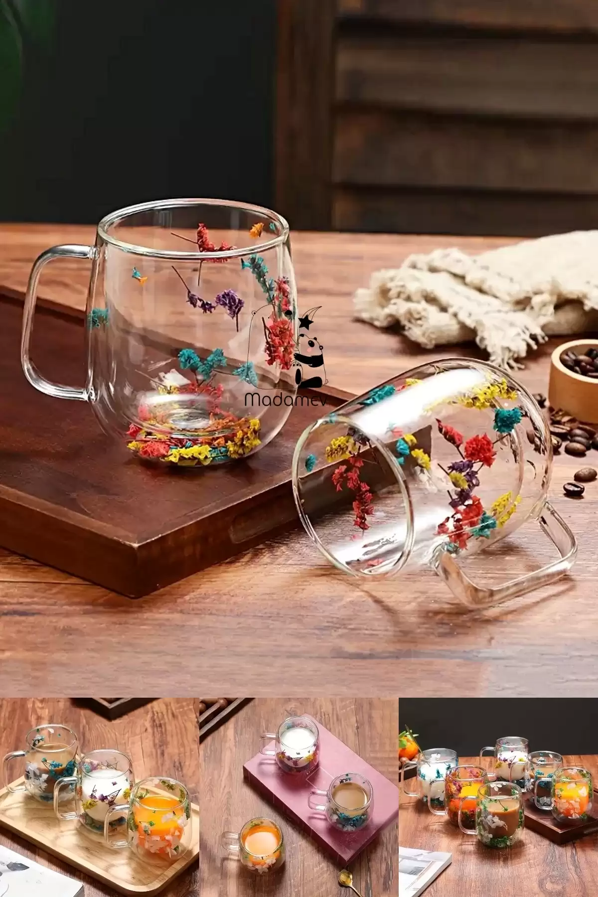 6lı Çift Çidarlı Flower Cup Çiçekli El Yapımı Borosilikat Bardak 350 ml Kulplu Kahve Sunum Bardağı