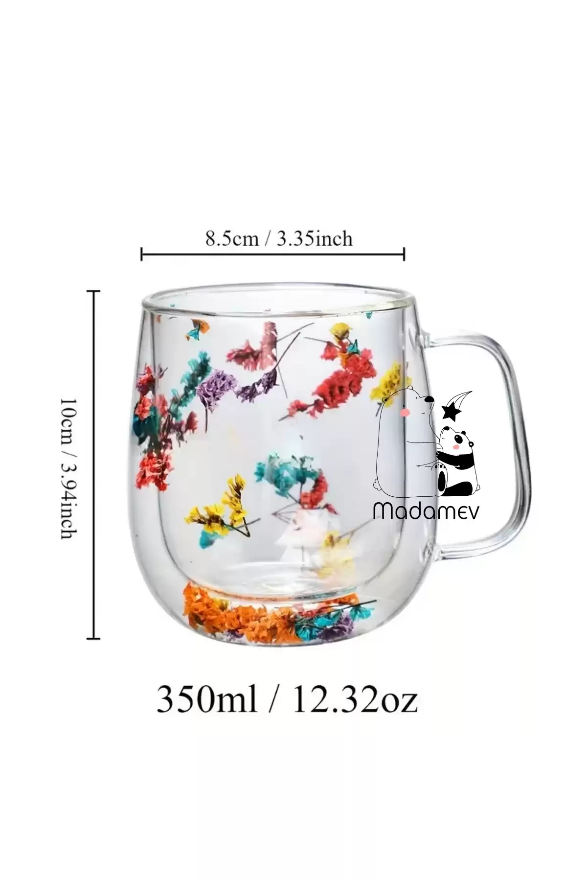 4lü Çift Cidarlı Çiçekli Flower Cup Bardak 350 ml El Yapımı Borosilikat Kulplu Kahve Sunum Bardağı