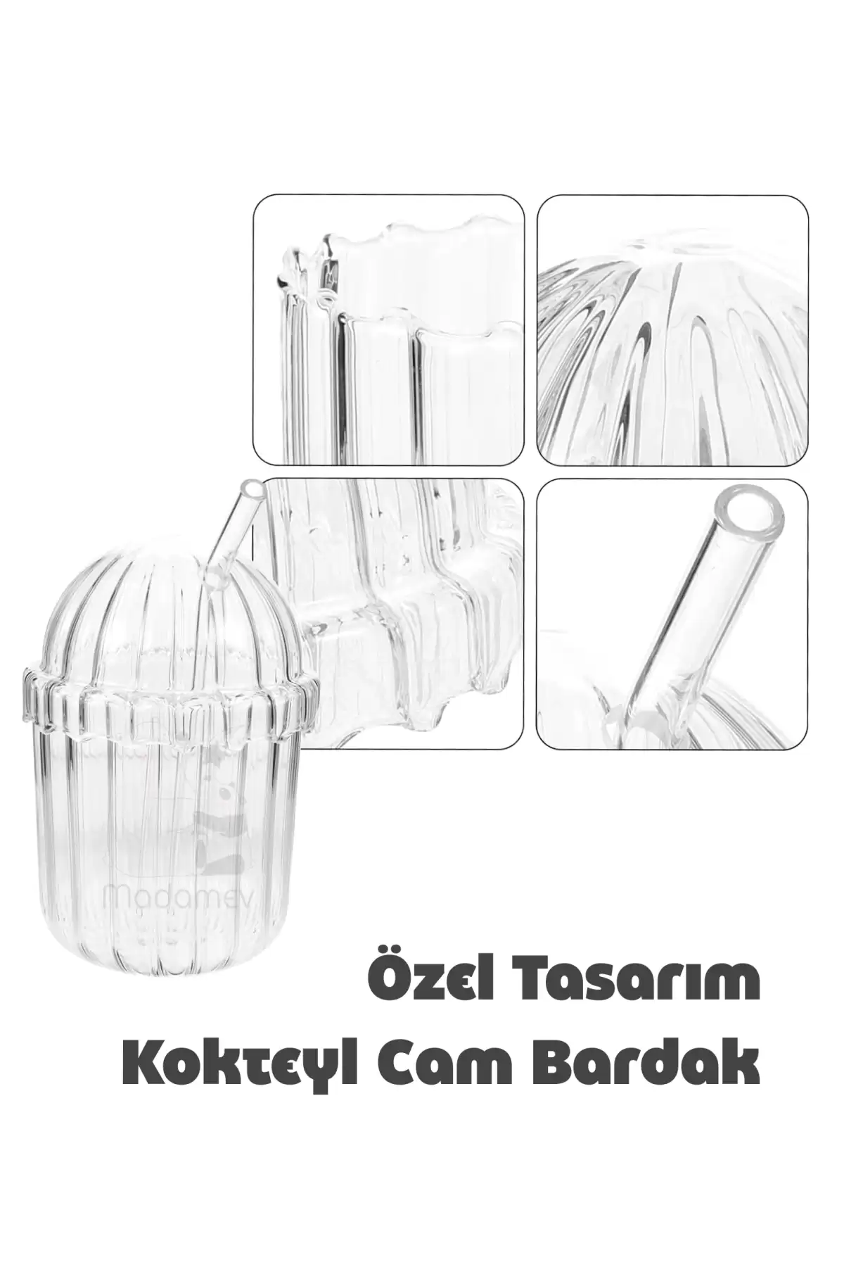 2li Kübbe Kapaklı Pipetli Bardak Isıya Dayanıklı EggGlass İskandinav Kahve Sunum Bardağı 430ml Set