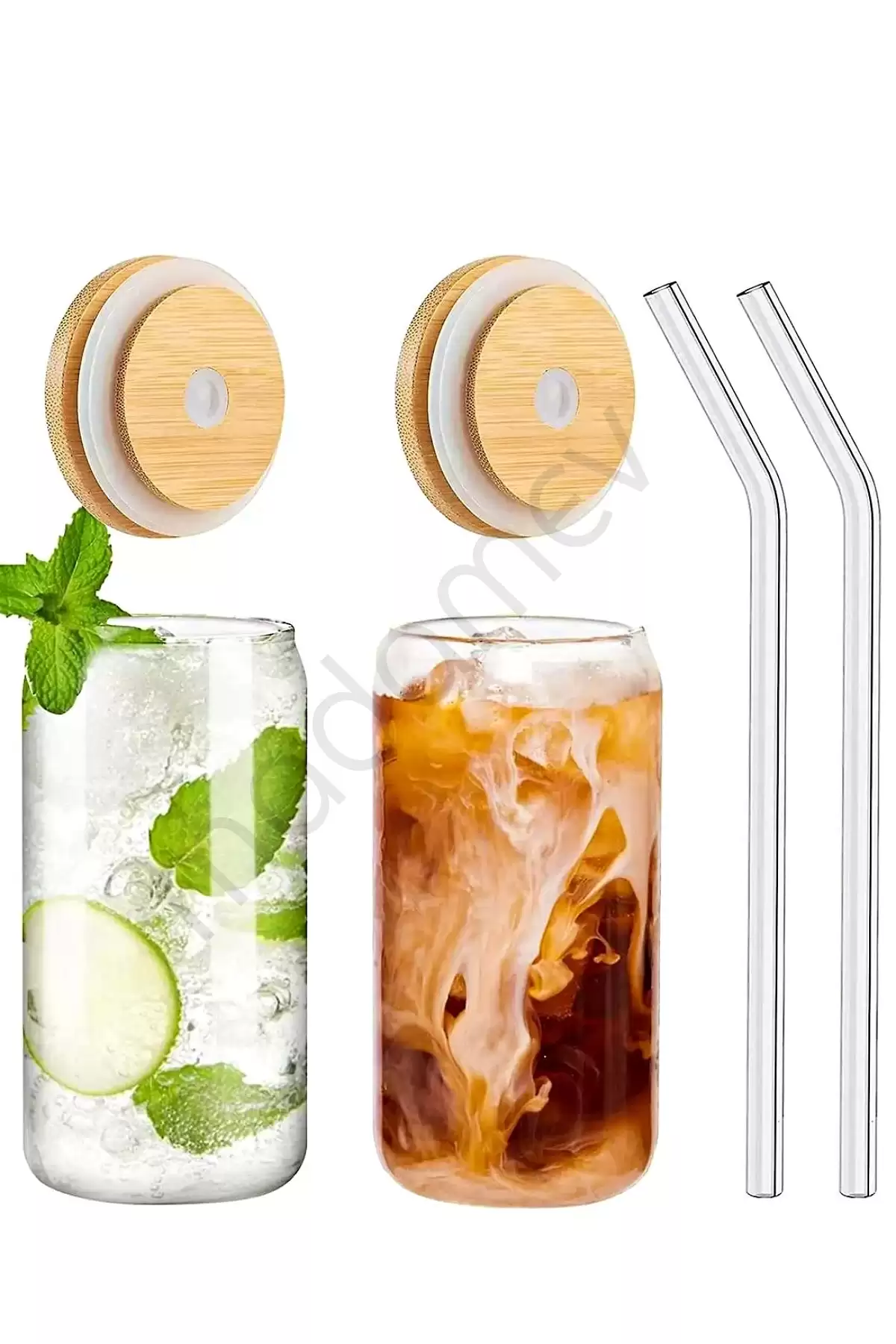 6lı Bambu Kapaklı Pipetli Cam Bardak Isıya Dayanıklı Borosilikat Kola Şekilli Kahve Sunum Bardağı